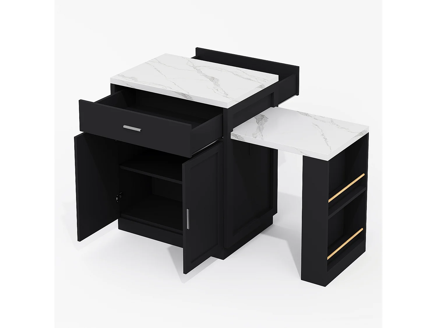 Kitchen island - with USB port - with 2 doors and 2 drawers - Extendable top - Open shelves - White + Black