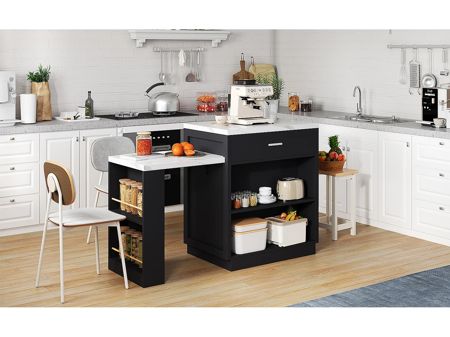Kitchen island - with USB port - with 2 doors and 2 drawers - Extendable top - Open shelves - White + Black