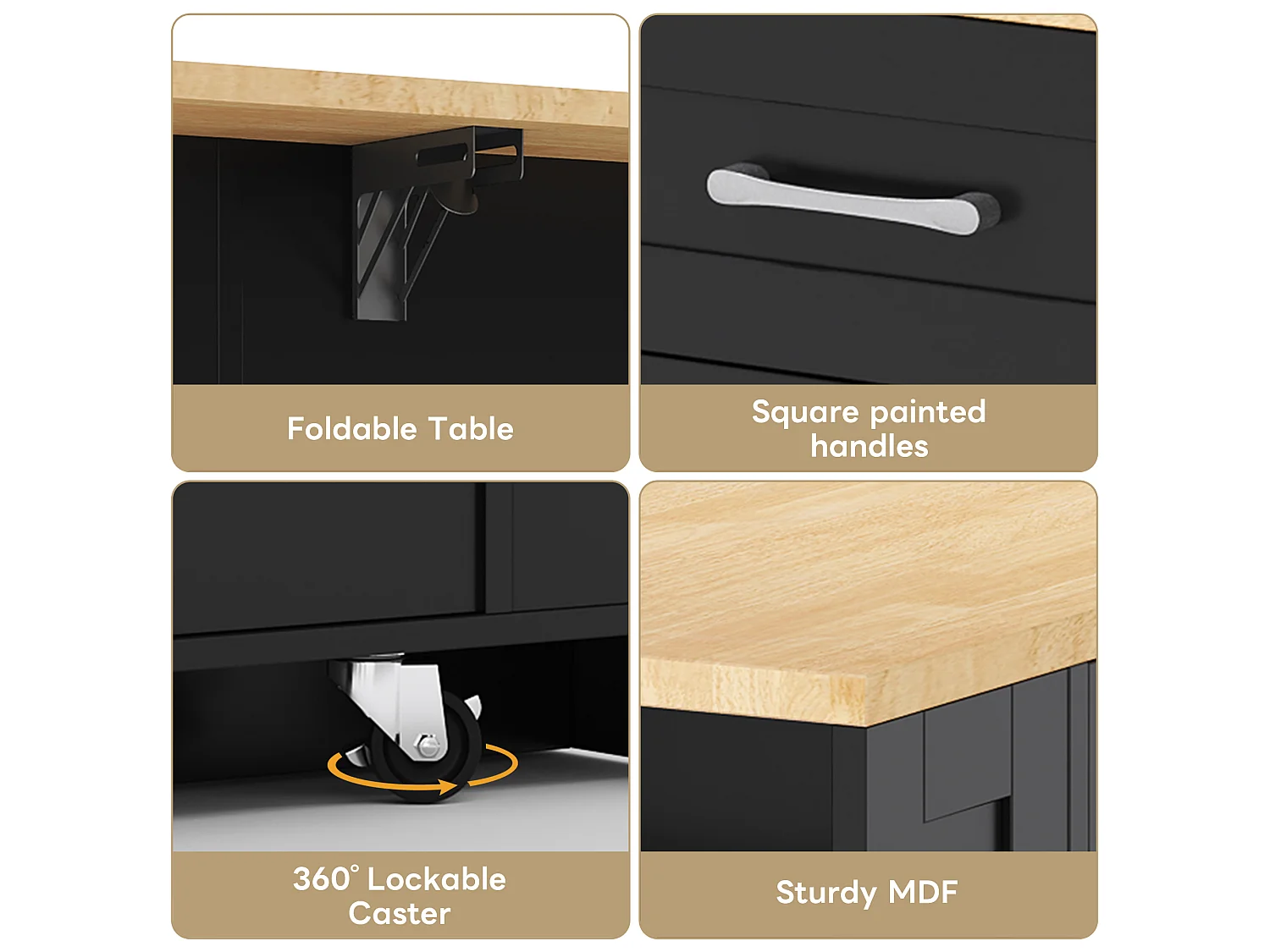 Mobile kitchen island - with USB - extendable top - 2 drawers and 2 doors - MDF - Black
