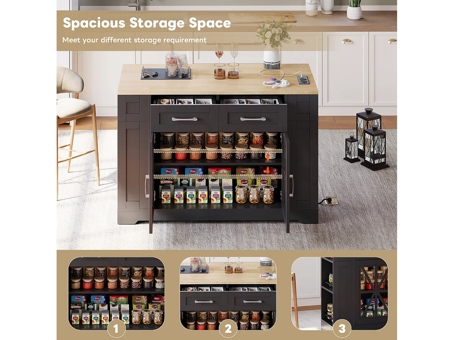 Mobile kitchen island - with USB - extendable top - 2 drawers and 2 doors - MDF - Black