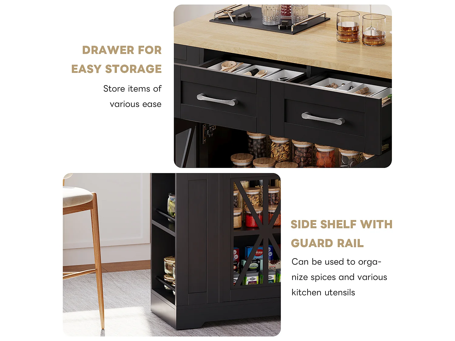 Mobile kitchen island - with USB - extendable top - 2 drawers and 2 doors - MDF - Black