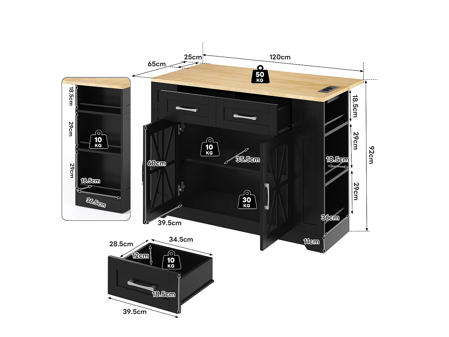 Mobile kitchen island - with USB - extendable top - 2 drawers and 2 doors - MDF - Black
