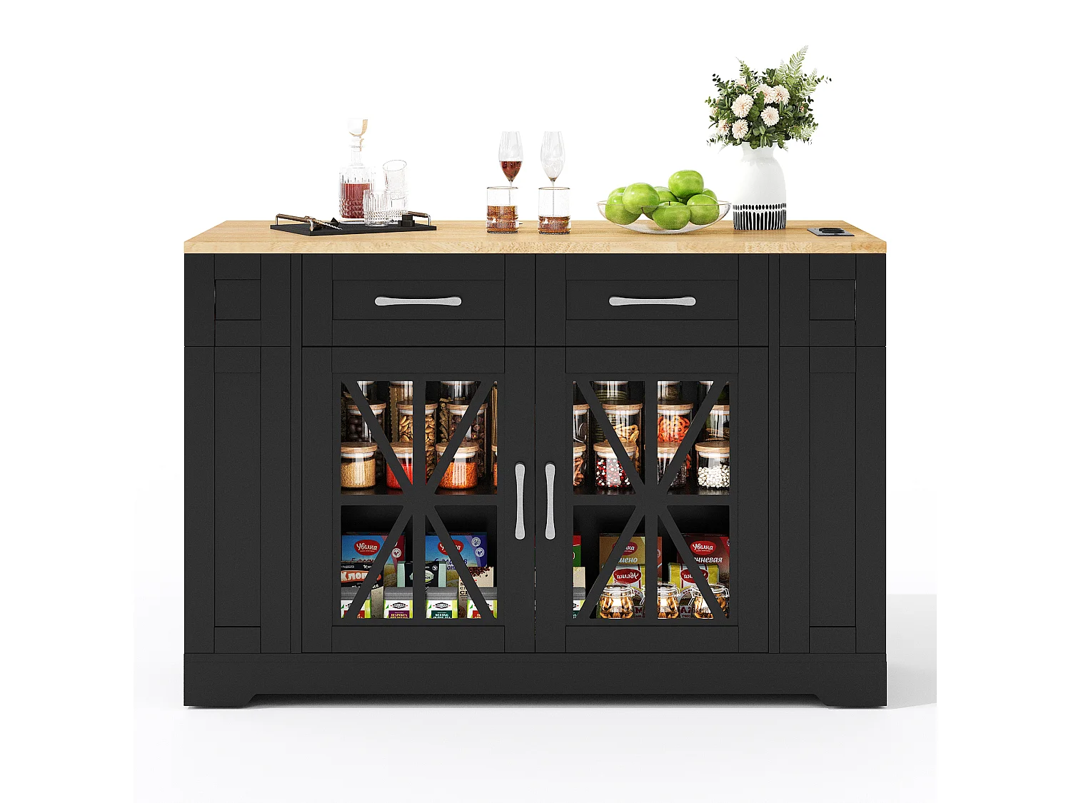 Mobile kitchen island - with USB - extendable top - 2 drawers and 2 doors - MDF - Black