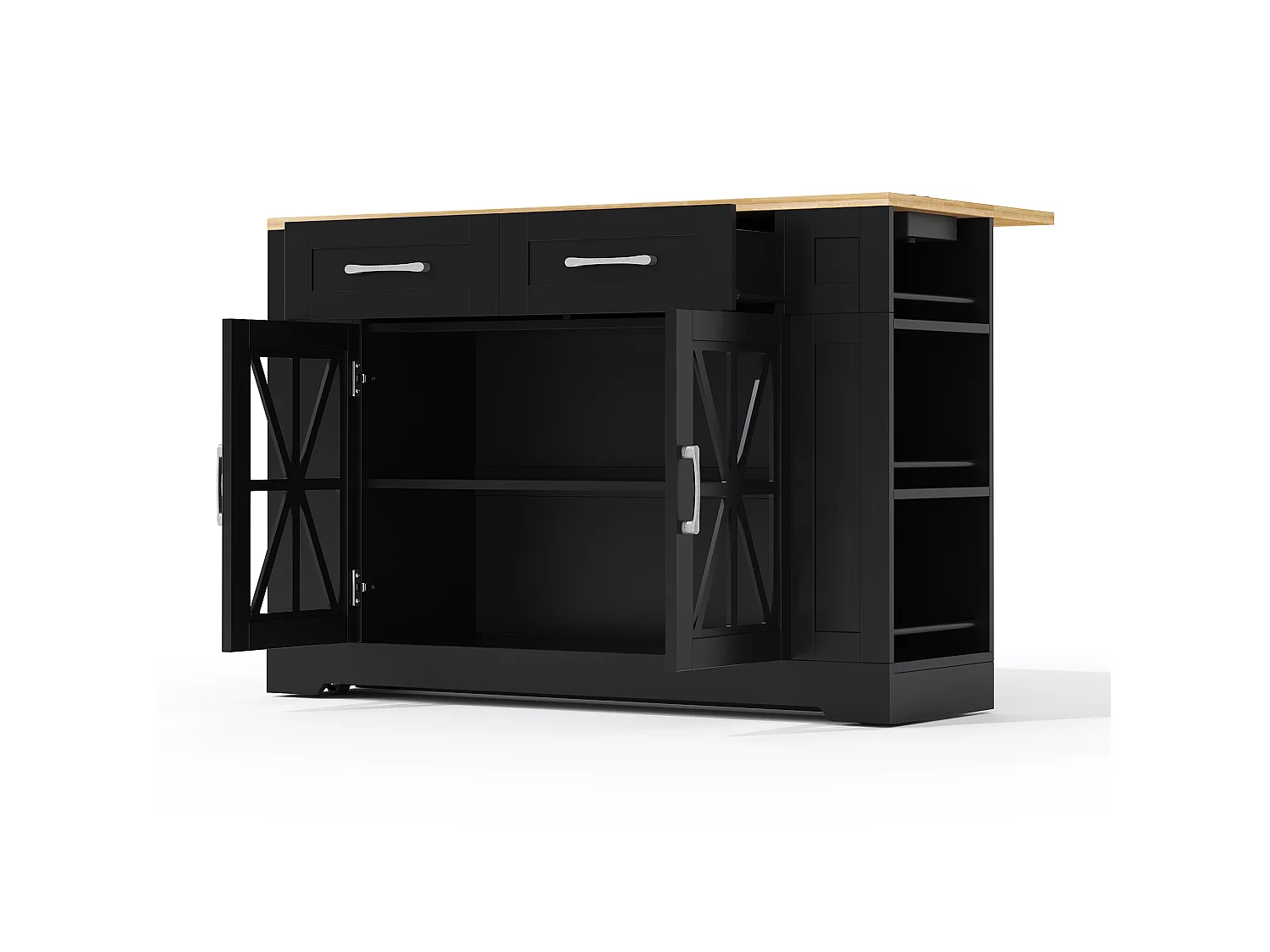 Mobile kitchen island - with USB - extendable top - 2 drawers and 2 doors - MDF - Black