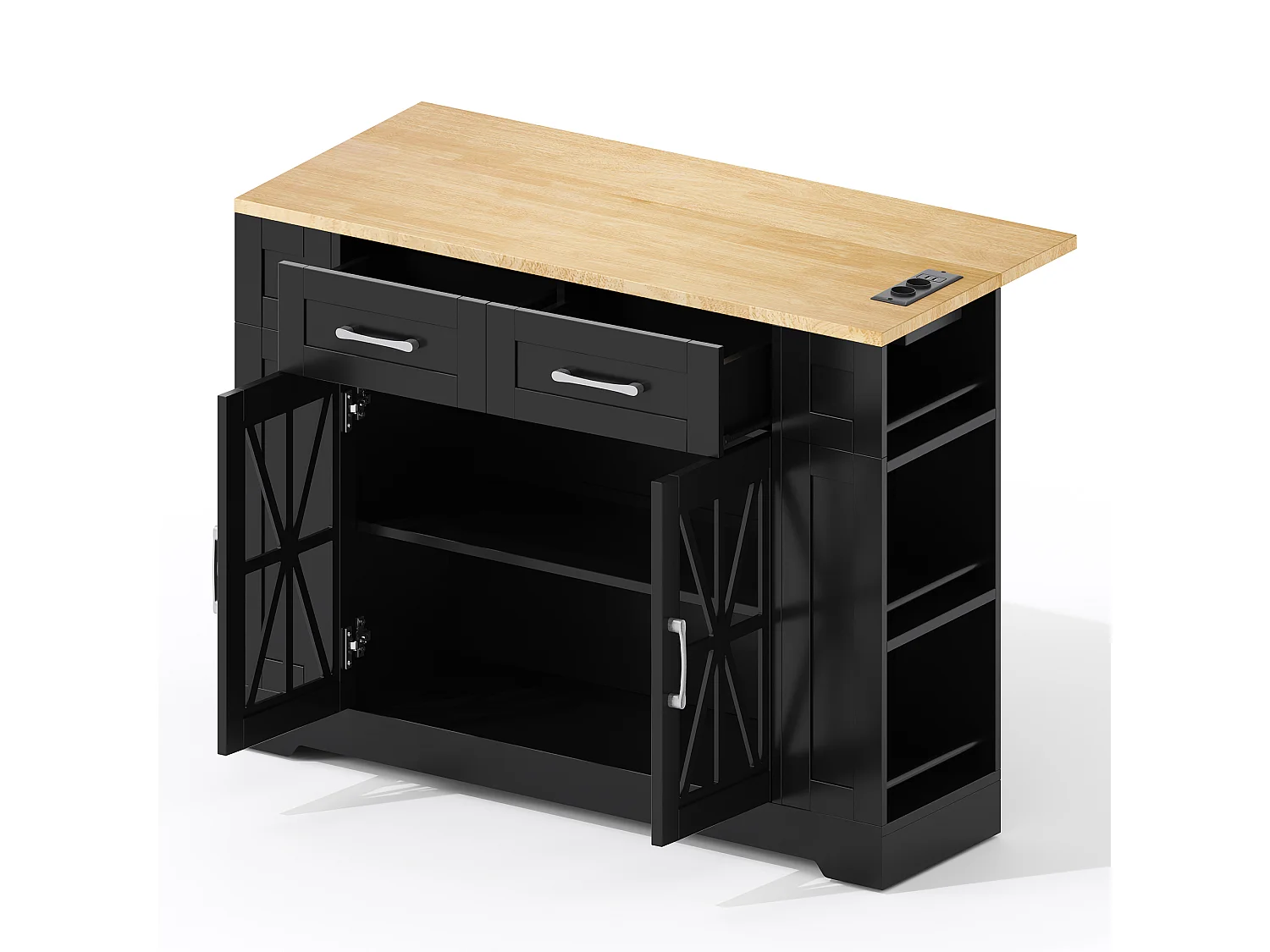 Mobile kitchen island - with USB - extendable top - 2 drawers and 2 doors - MDF - Black