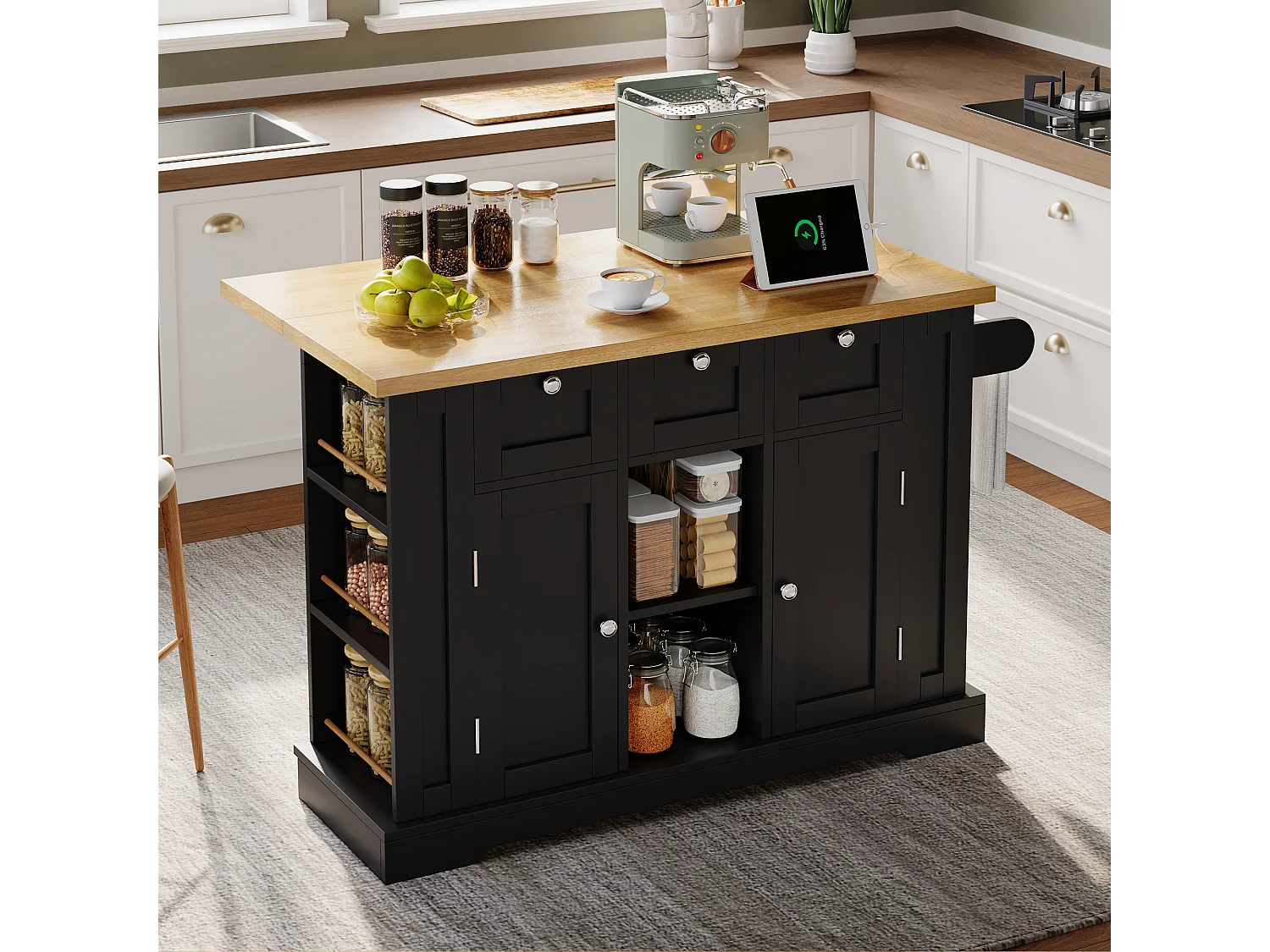 Mobile kitchen island - with USB port - extendable top - 3 drawers and 2 doors - with towel rail - MDF - Black