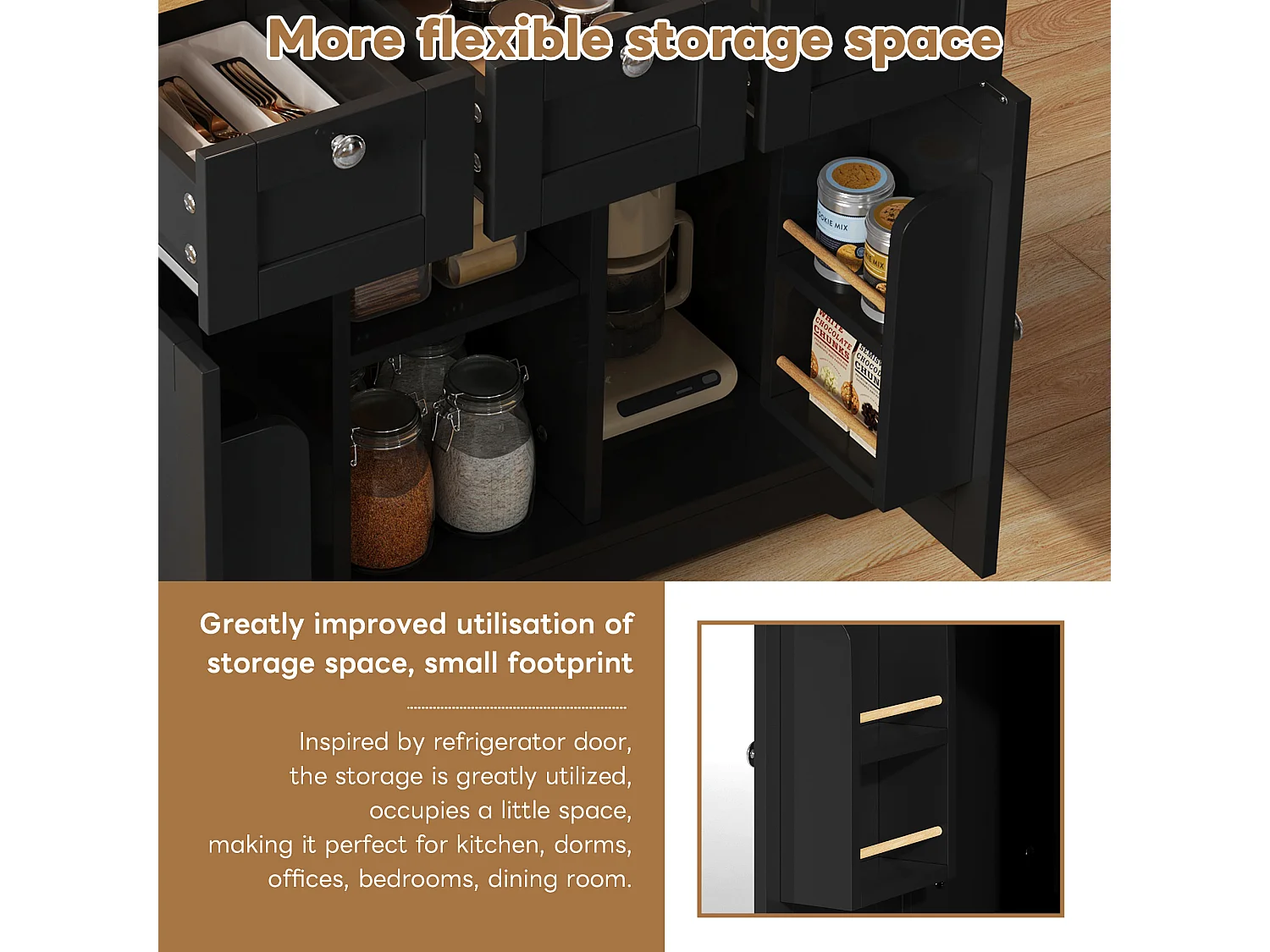 Mobile kitchen island - with USB port - extendable top - 3 drawers and 2 doors - with towel rail - MDF - Black