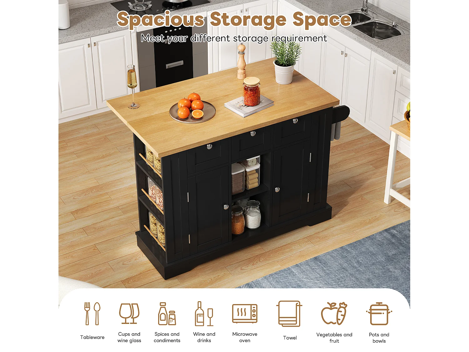 Mobile kitchen island - with USB port - extendable top - 3 drawers and 2 doors - with towel rail - MDF - Black