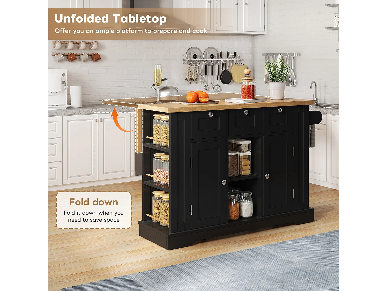 Mobile kitchen island - with USB port - extendable top - 3 drawers and 2 doors - with towel rail - MDF - Black
