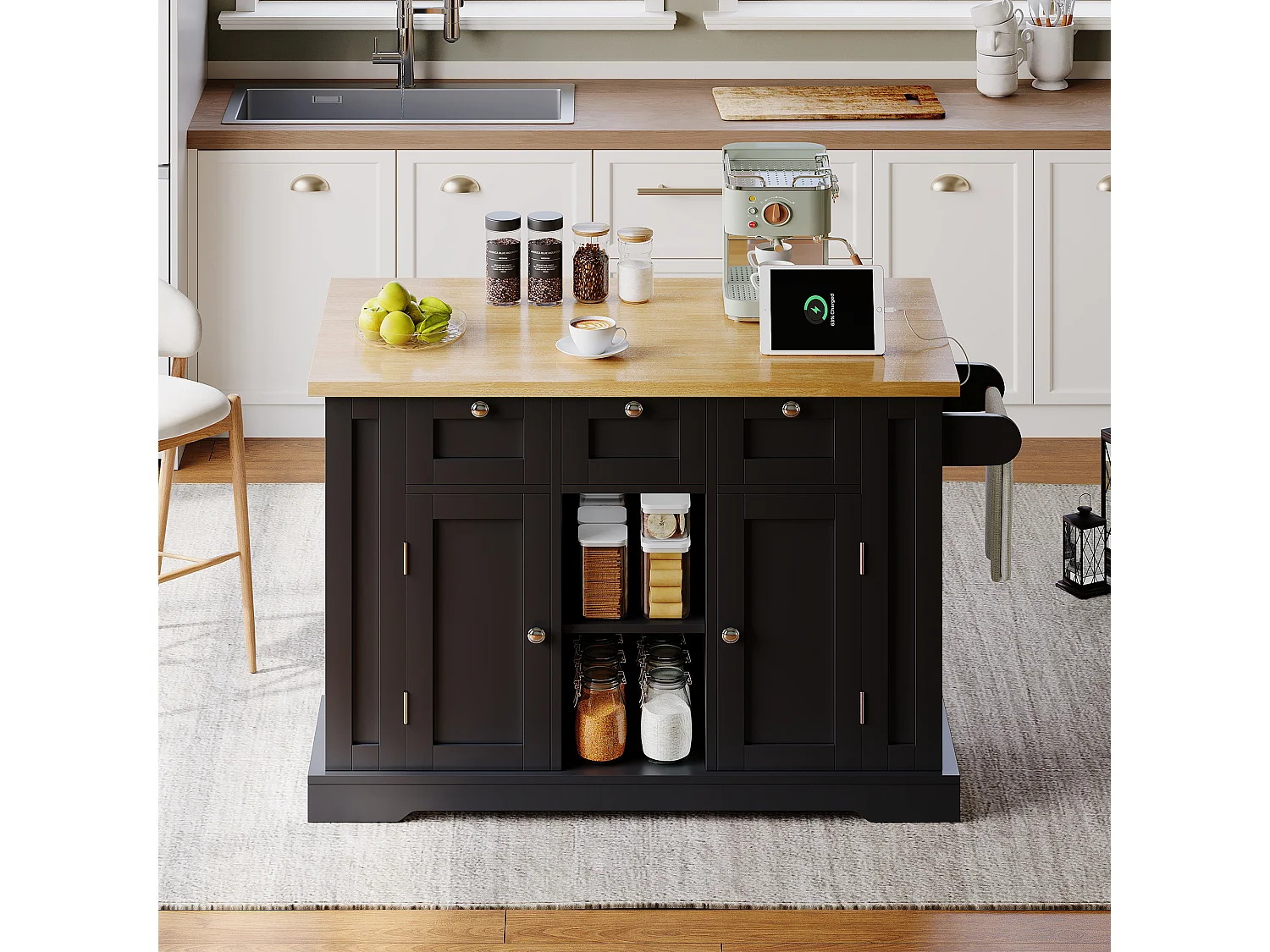 Mobile kitchen island - with USB port - extendable top - 3 drawers and 2 doors - with towel rail - MDF - Black