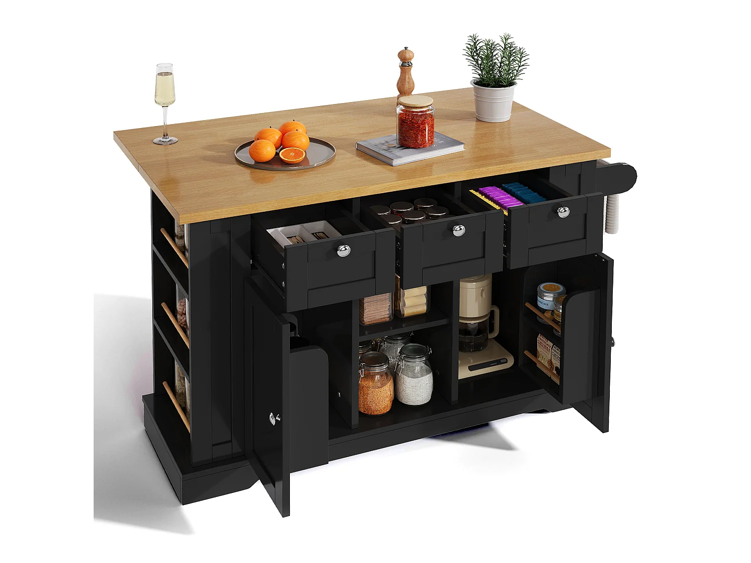 Mobile kitchen island - with USB port - extendable top - 3 drawers and 2 doors - with towel rail - MDF - Black