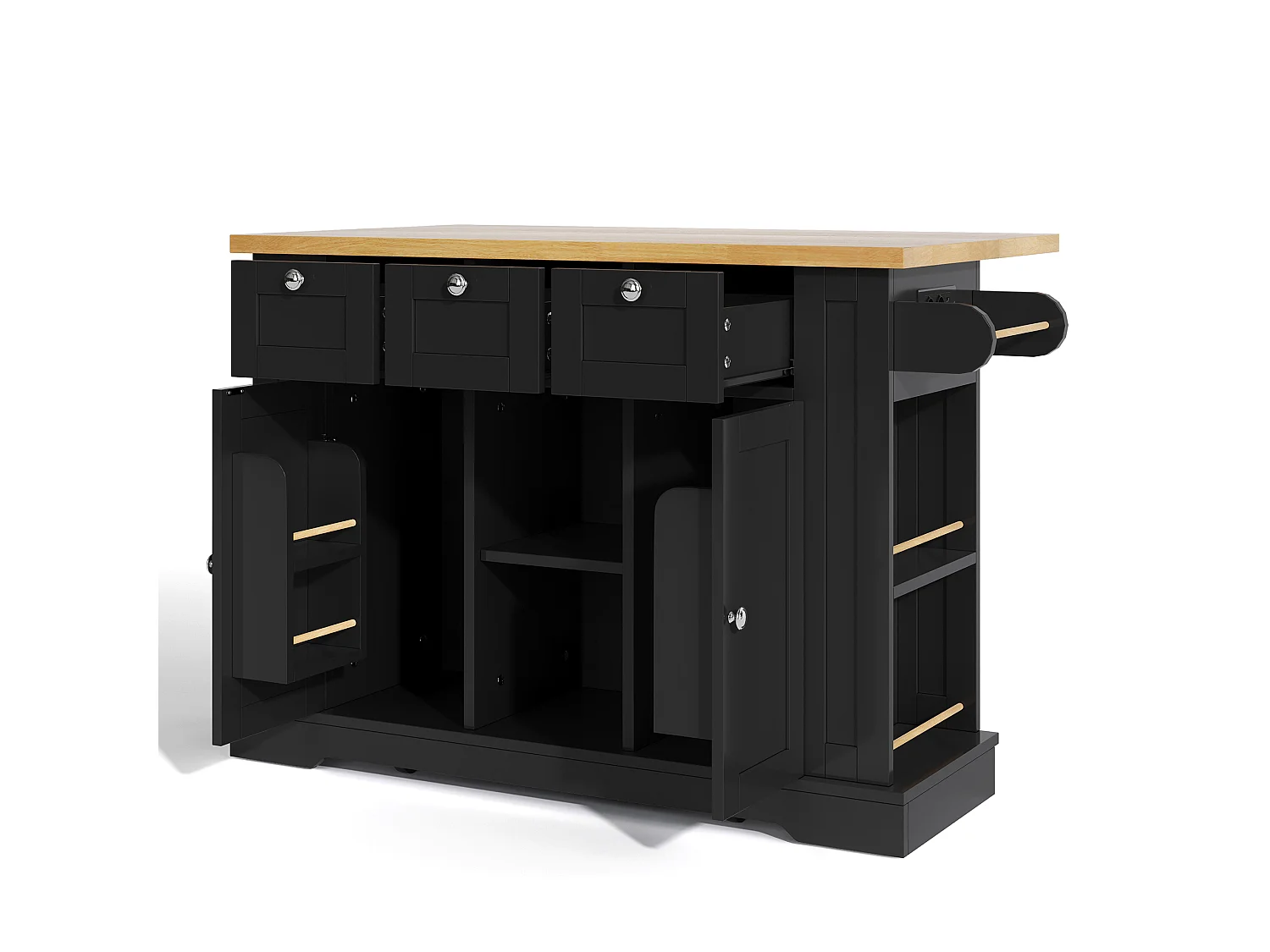 Mobile kitchen island - with USB port - extendable top - 3 drawers and 2 doors - with towel rail - MDF - Black