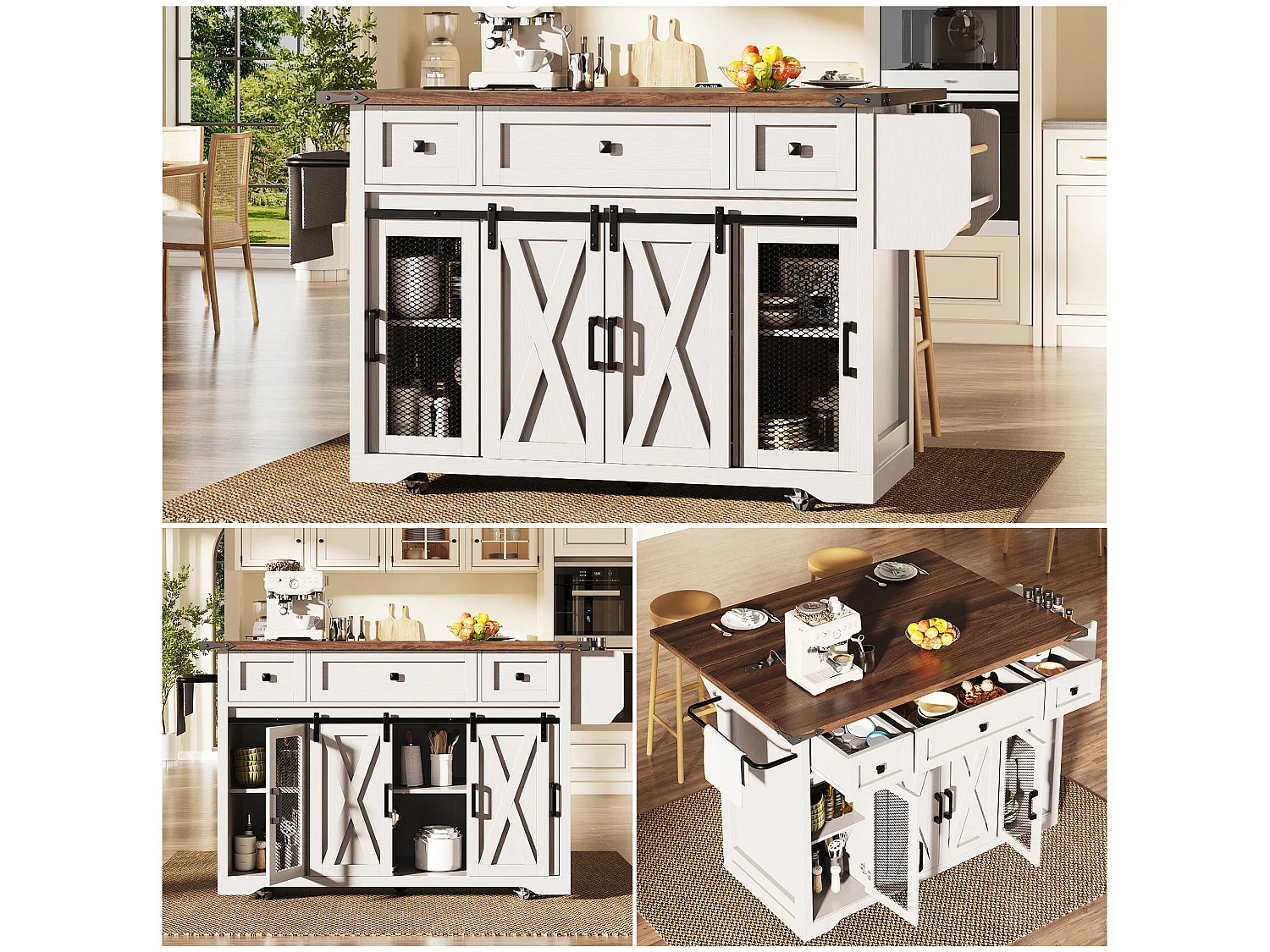 Îlot Central de Cuisine - plateau de table pliant - avec prise de courant et roulettes - avec porte-serviettes - Blanc