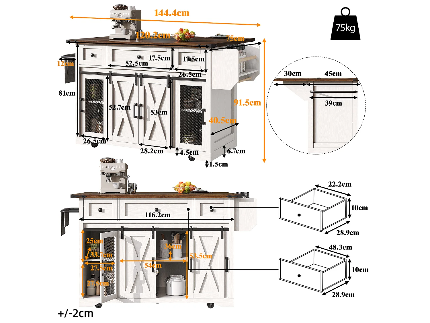 Îlot Central de Cuisine - plateau de table pliant - avec prise de courant et roulettes - avec porte-serviettes - Blanc