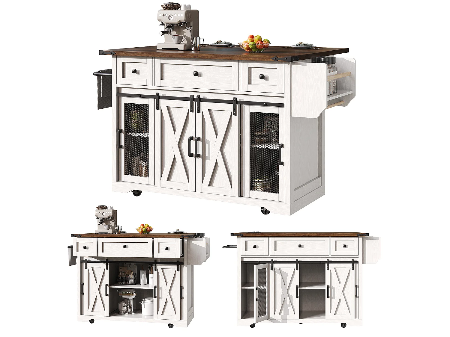 Îlot Central de Cuisine - plateau de table pliant - avec prise de courant et roulettes - avec porte-serviettes - Blanc