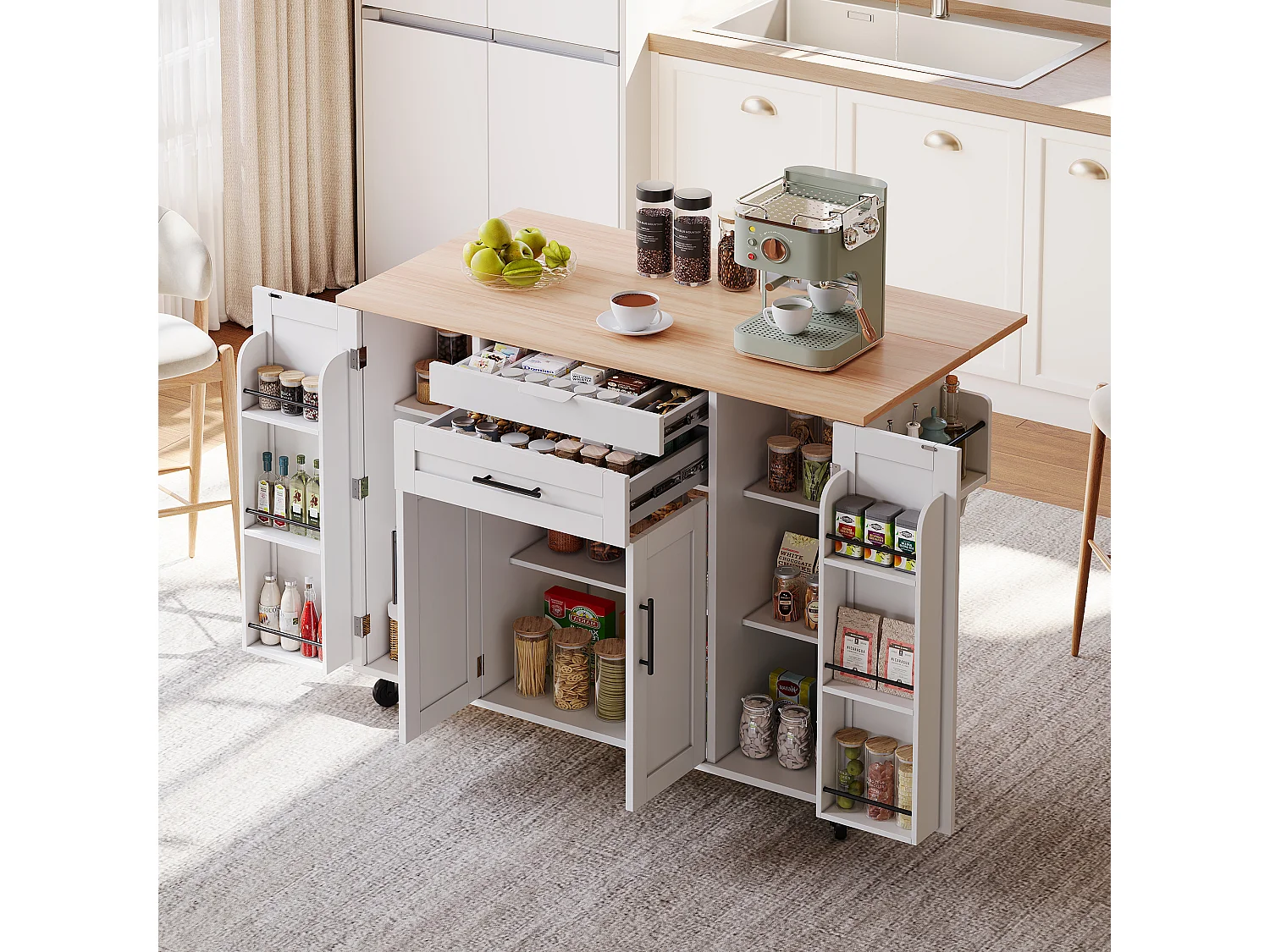 Mobile kitchen island - extendable top - with spice rack and towel rail - with 2 drawers and 4 doors - MDF - White
