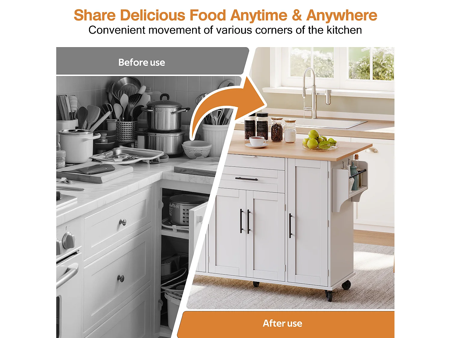 Mobile kitchen island - extendable top - with spice rack and towel rail - with 2 drawers and 4 doors - MDF - White
