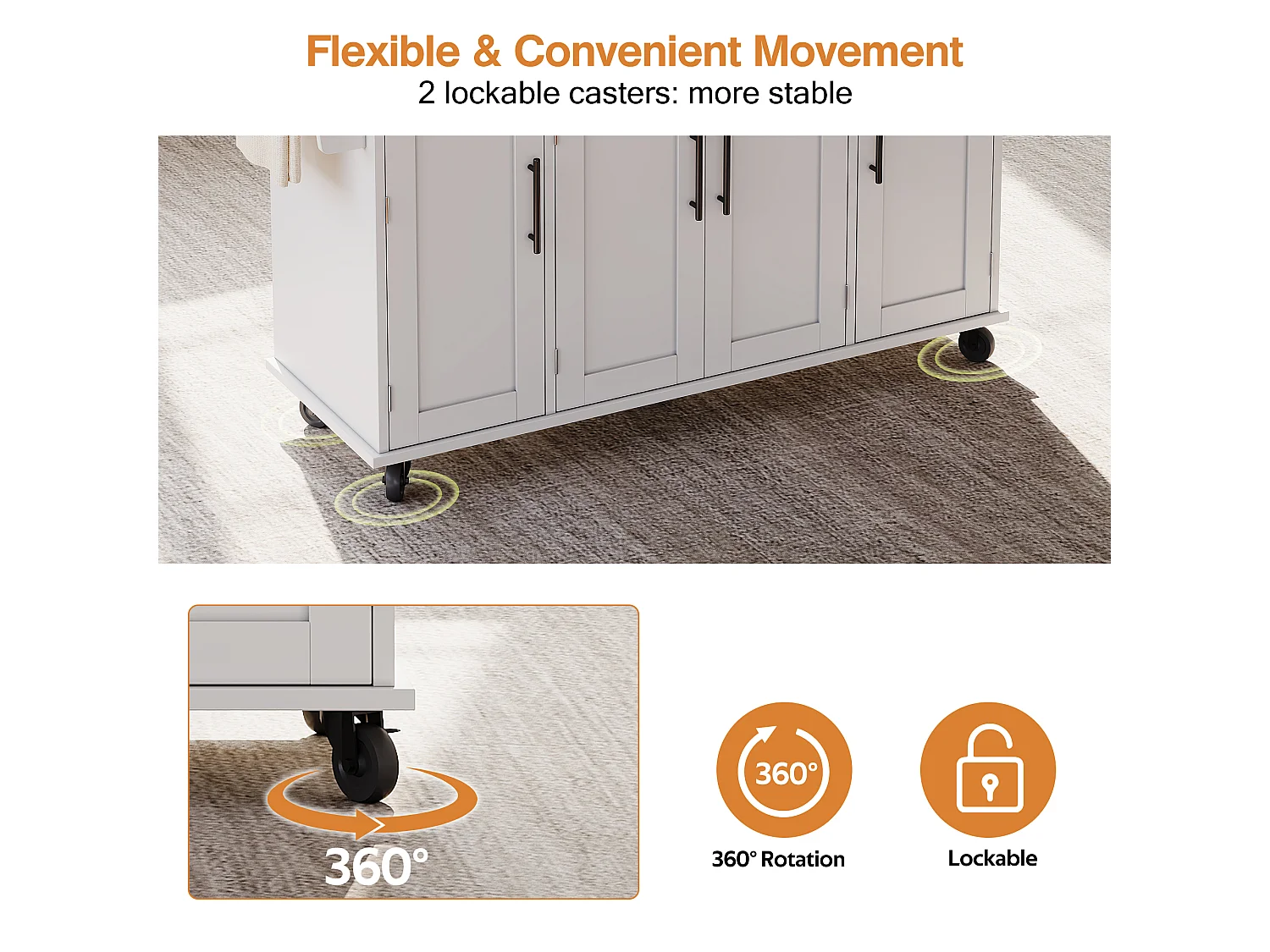 Mobile kitchen island - extendable top - with spice rack and towel rail - with 2 drawers and 4 doors - MDF - White