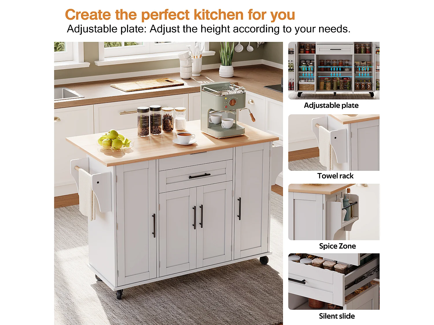 Mobile kitchen island - extendable top - with spice rack and towel rail - with 2 drawers and 4 doors - MDF - White