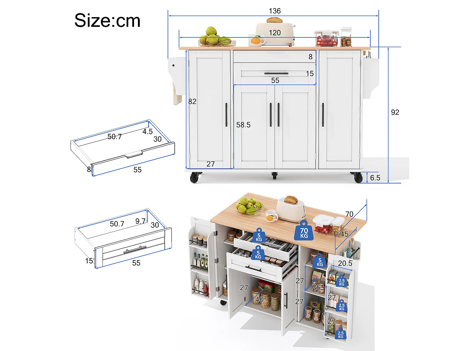 Mobile kitchen island - extendable top - with spice rack and towel rail - with 2 drawers and 4 doors - MDF - White
