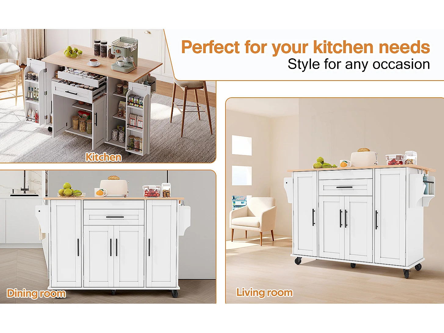 Mobile kitchen island - extendable top - with spice rack and towel rail - with 2 drawers and 4 doors - MDF - White