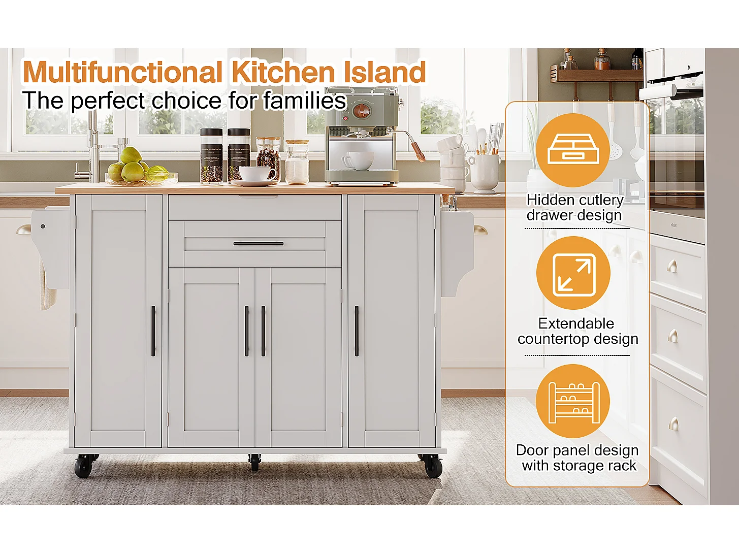 Mobile kitchen island - extendable top - with spice rack and towel rail - with 2 drawers and 4 doors - MDF - White