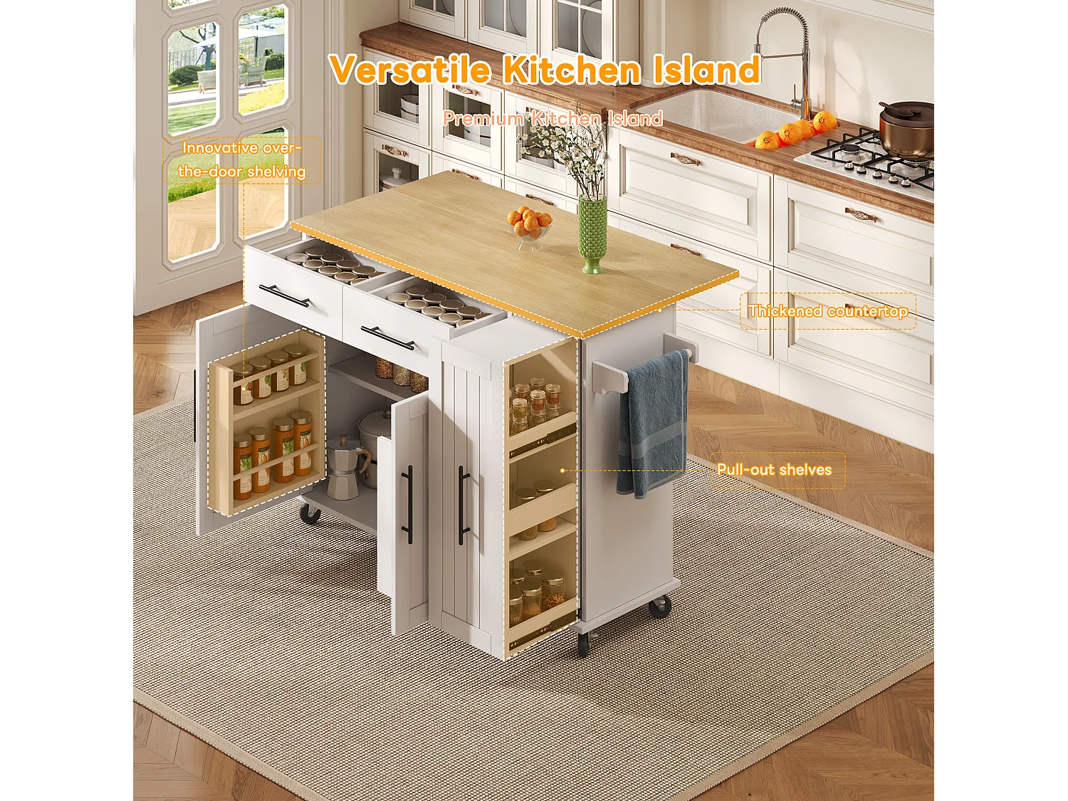 Mobile kitchen island - extendable top - 2 drawers and 2 doors - with towel rail - MDF - White