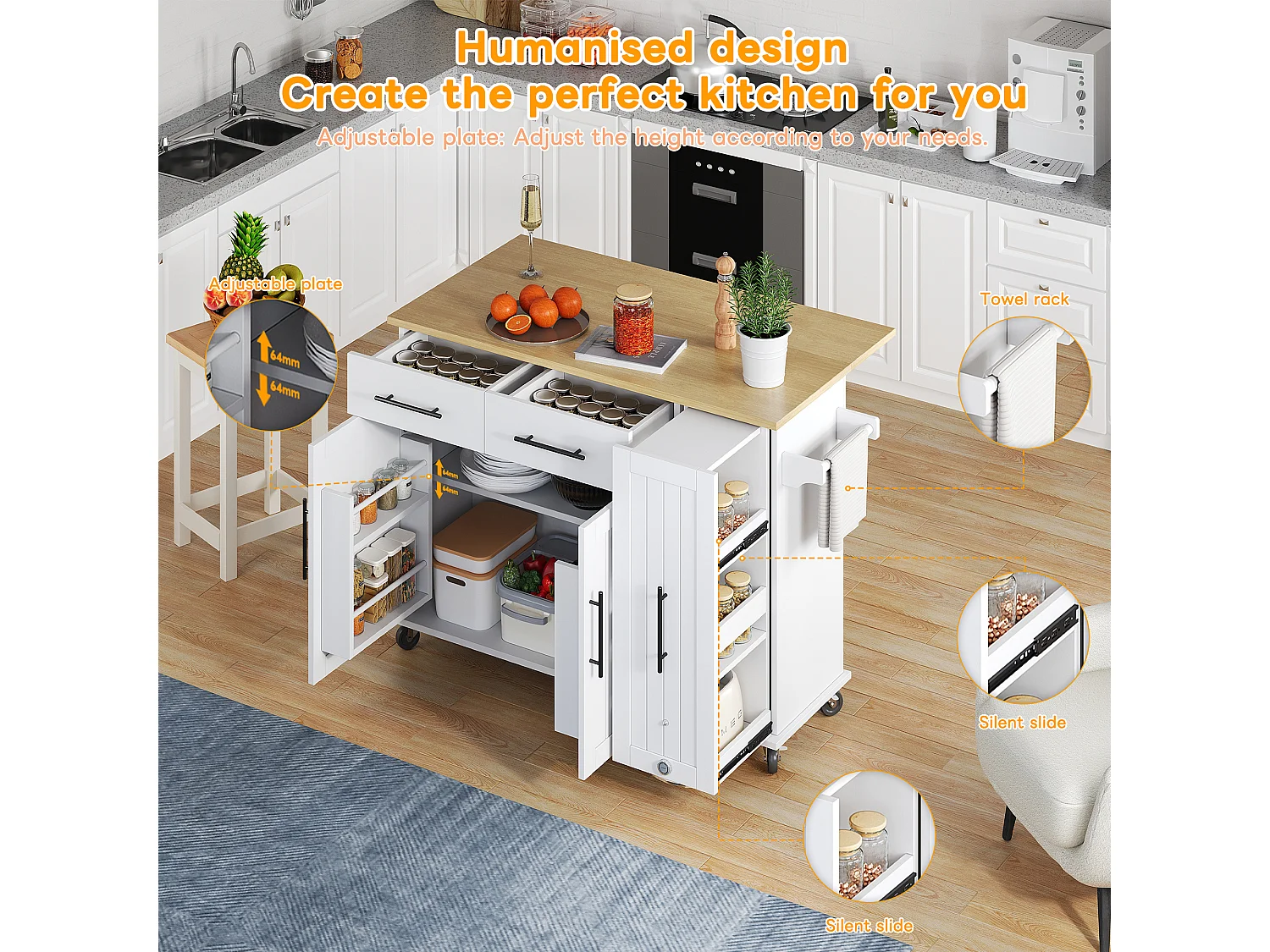 Mobile kitchen island - extendable top - 2 drawers and 2 doors - with towel rail - MDF - White