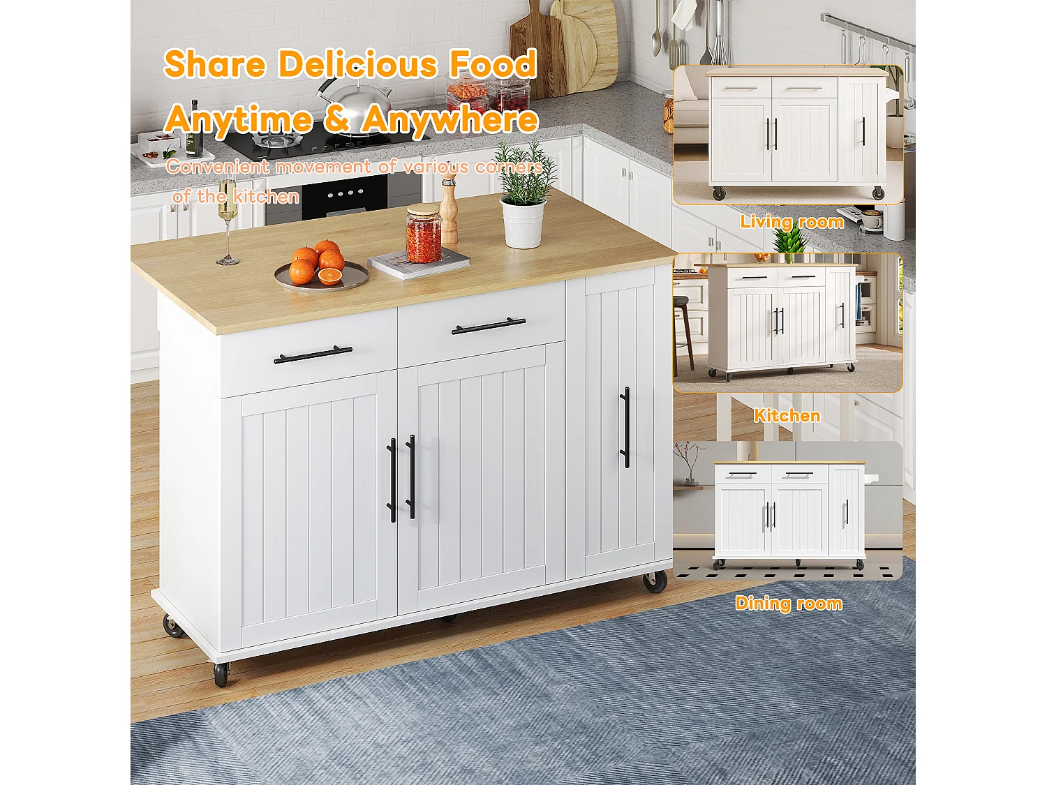 Mobile kitchen island - extendable top - 2 drawers and 2 doors - with towel rail - MDF - White