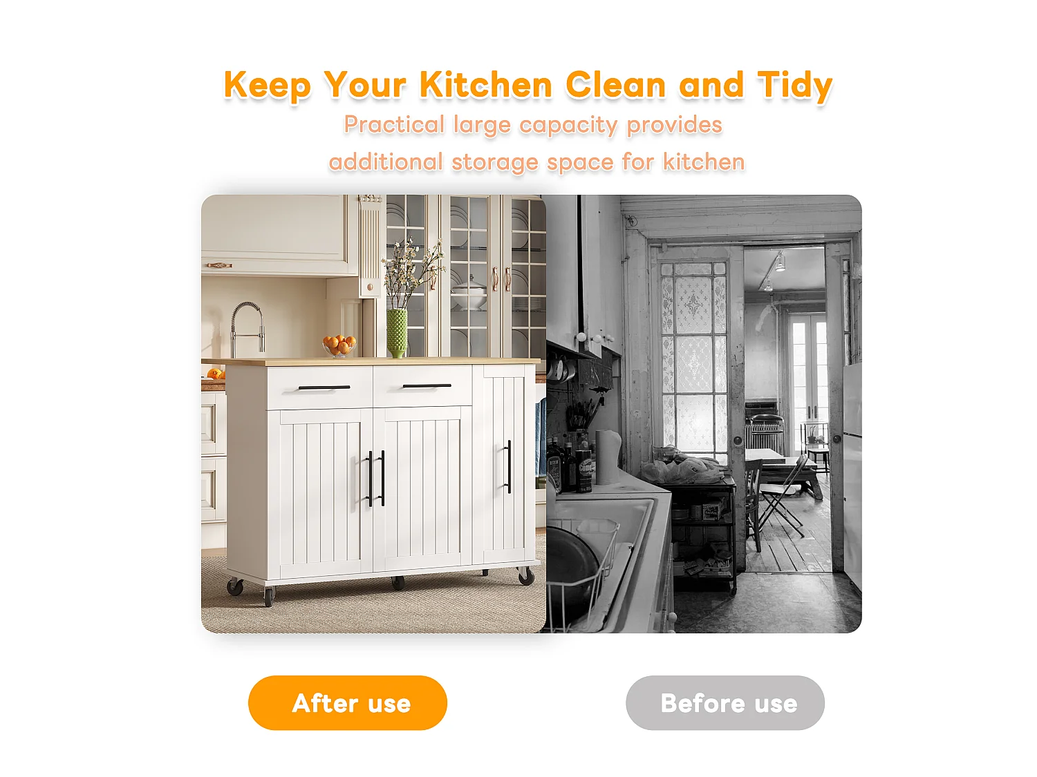 Mobile kitchen island - extendable top - 2 drawers and 2 doors - with towel rail - MDF - White