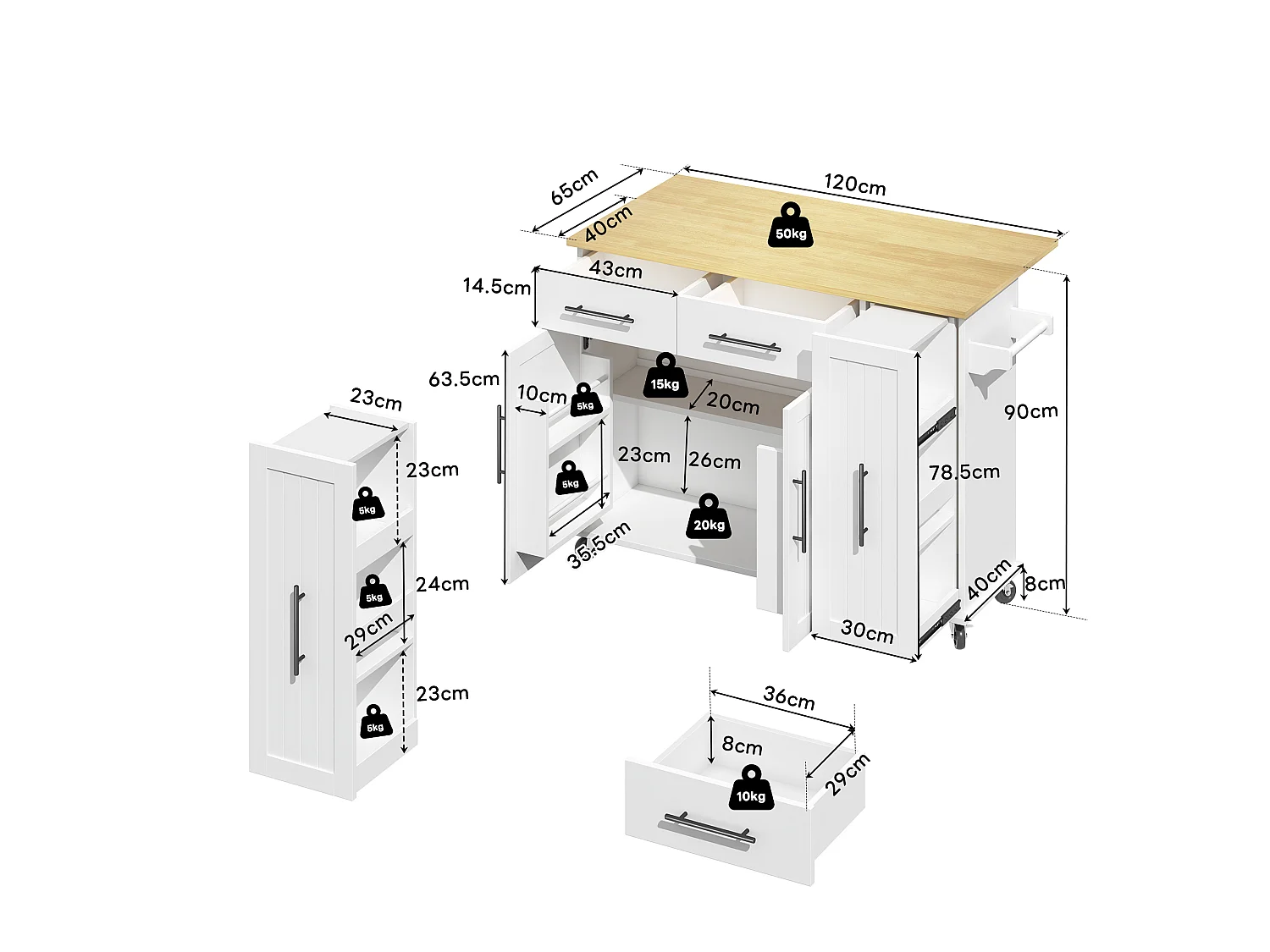 Mobile kitchen island - extendable top - 2 drawers and 2 doors - with towel rail - MDF - White