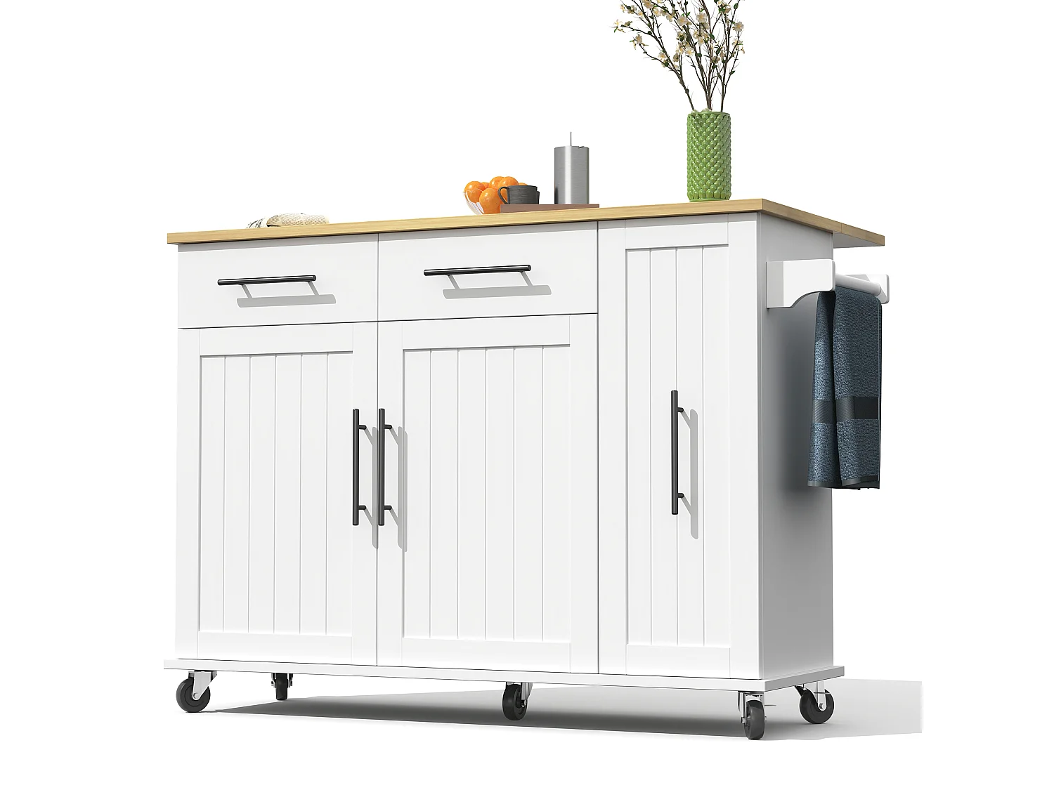 Mobile kitchen island - extendable top - 2 drawers and 2 doors - with towel rail - MDF - White