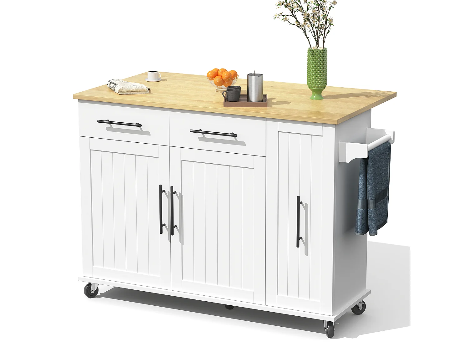 Mobile kitchen island - extendable top - 2 drawers and 2 doors - with towel rail - MDF - White
