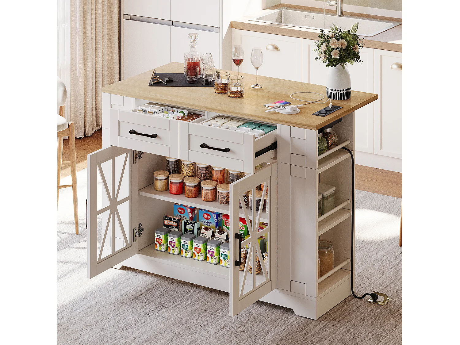 Mobile kitchen island - with USB - extendable top - 2 drawers and 2 doors - MDF - White