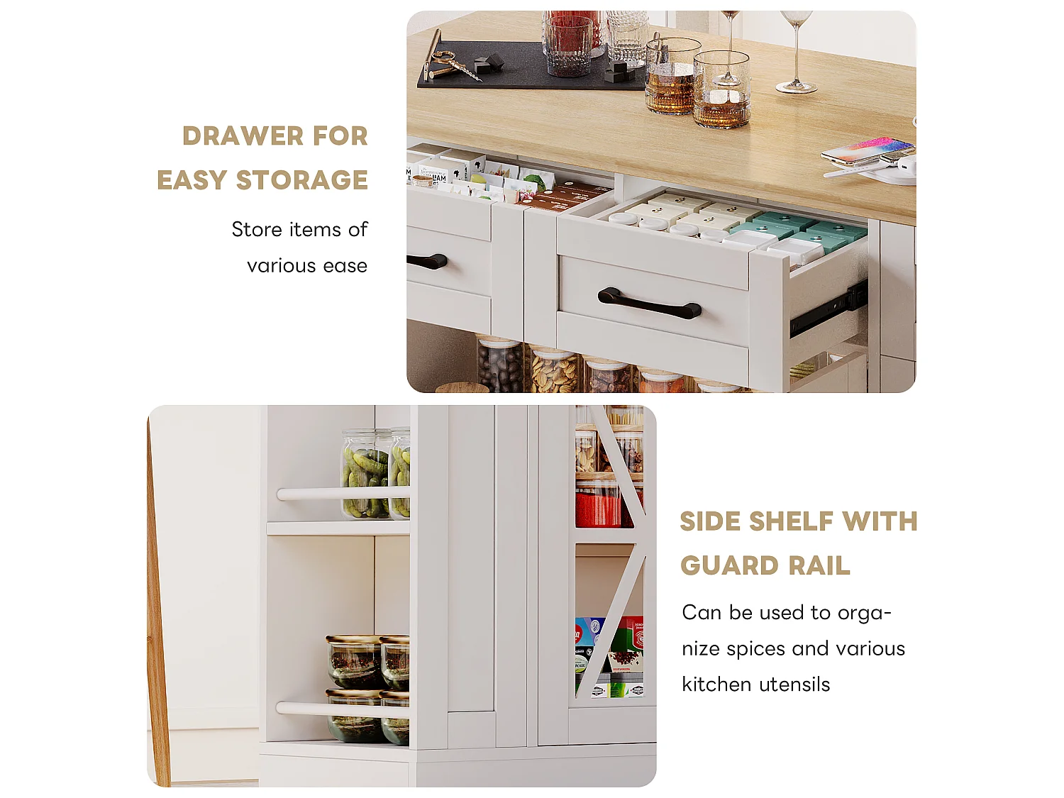Mobile kitchen island - with USB - extendable top - 2 drawers and 2 doors - MDF - White