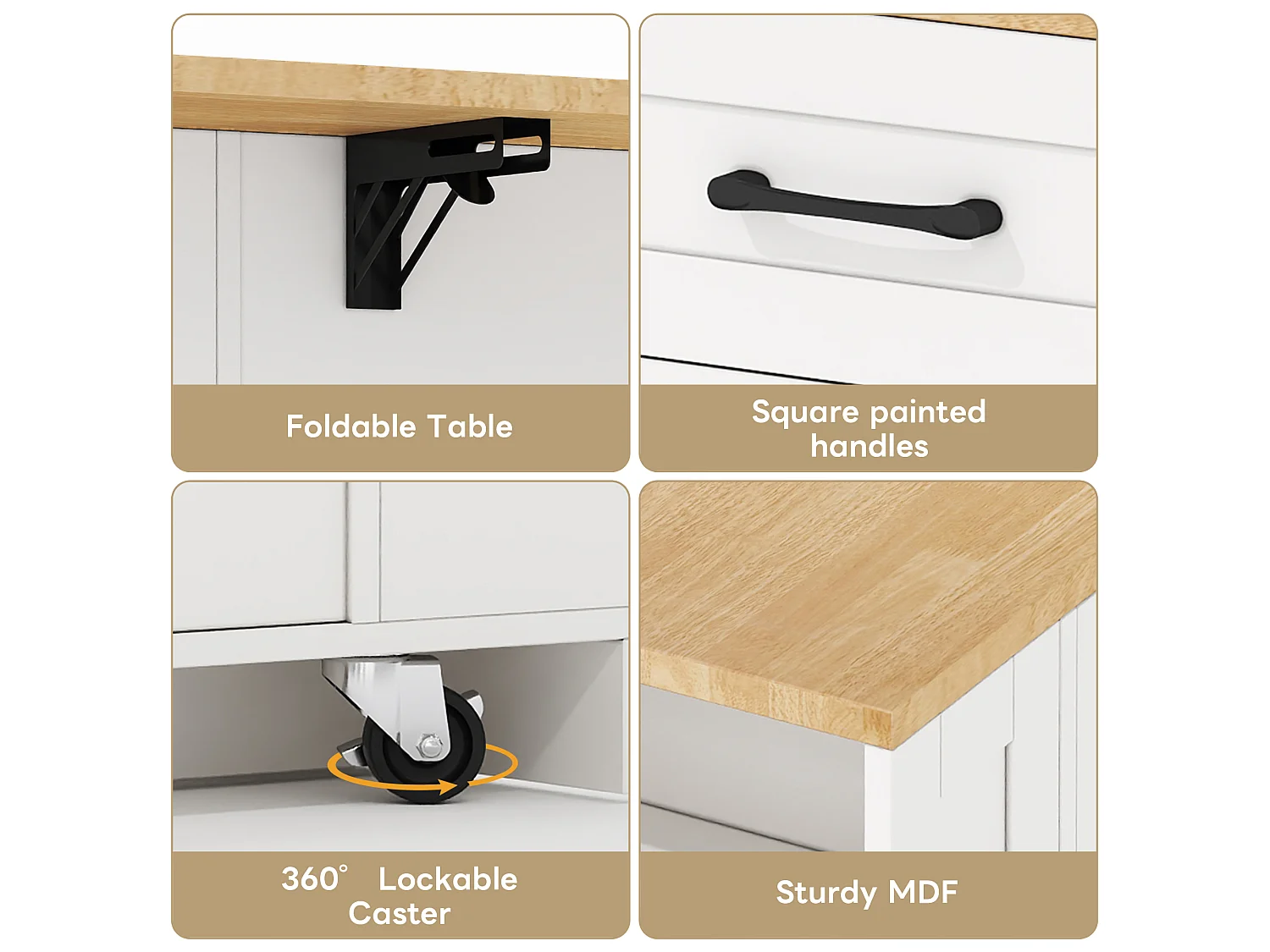 Mobile kitchen island - with USB - extendable top - 2 drawers and 2 doors - MDF - White