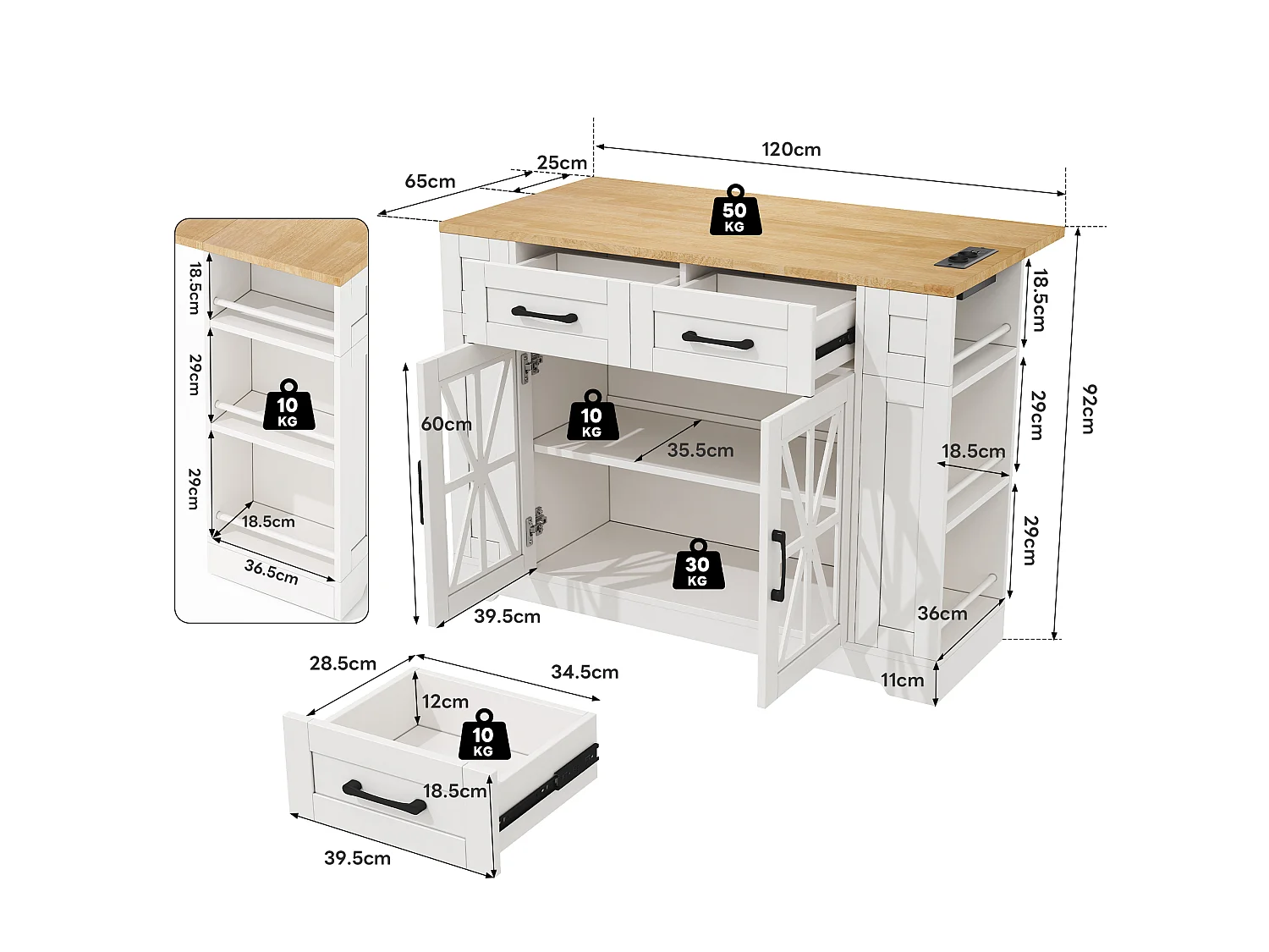 Mobile kitchen island - with USB - extendable top - 2 drawers and 2 doors - MDF - White