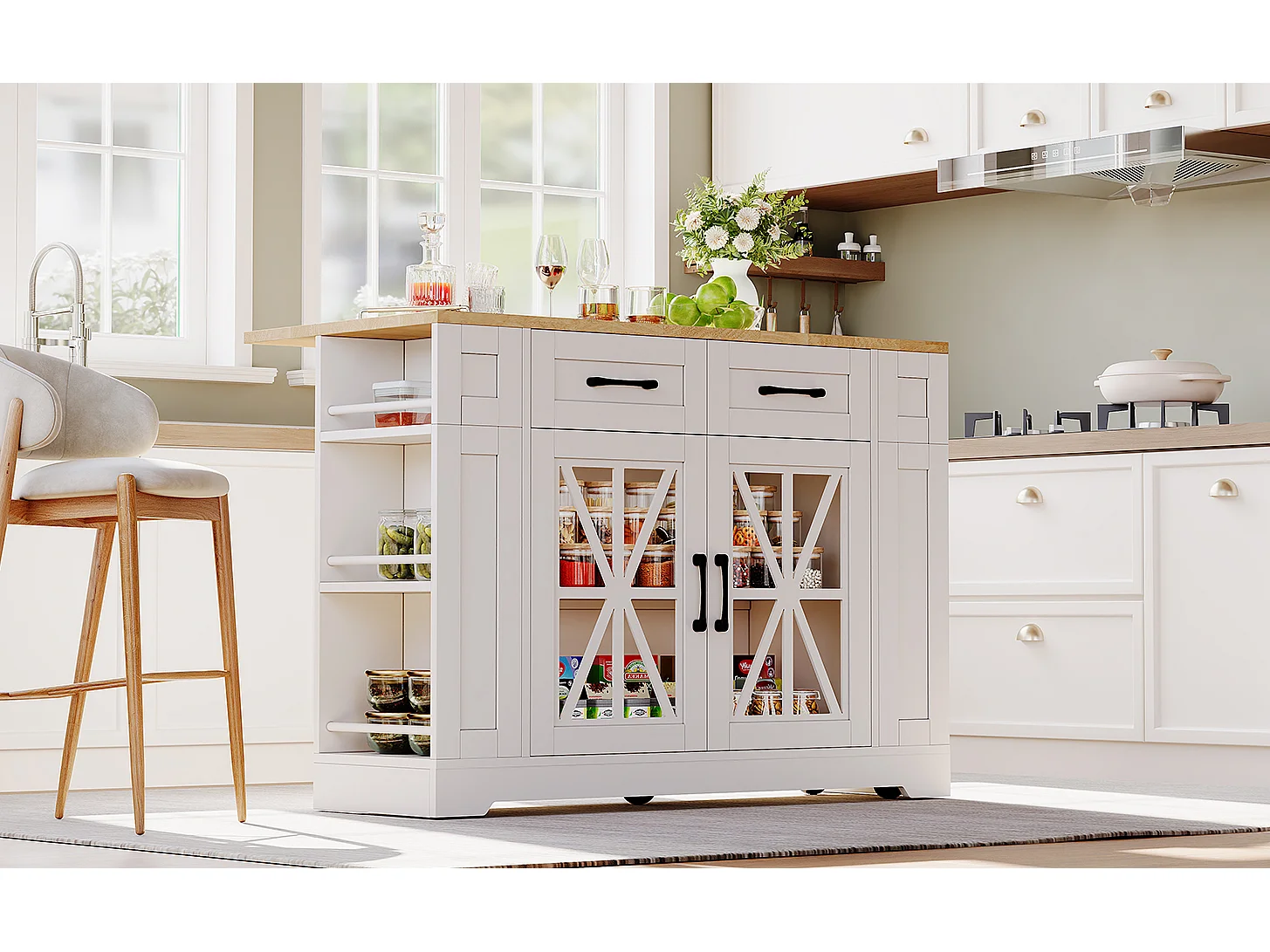 Mobile kitchen island - with USB - extendable top - 2 drawers and 2 doors - MDF - White