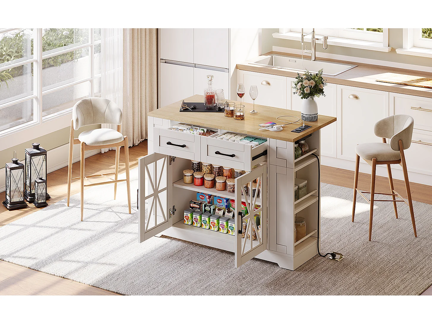 Mobile kitchen island - with USB - extendable top - 2 drawers and 2 doors - MDF - White