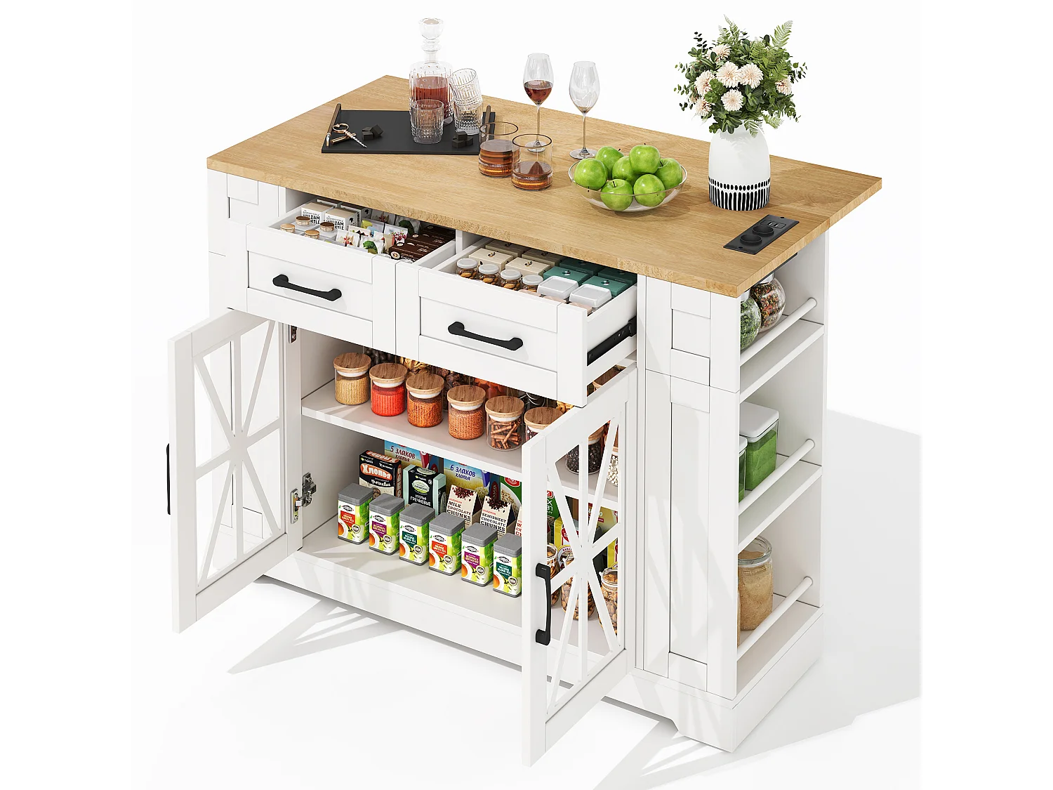 Mobile kitchen island - with USB - extendable top - 2 drawers and 2 doors - MDF - White