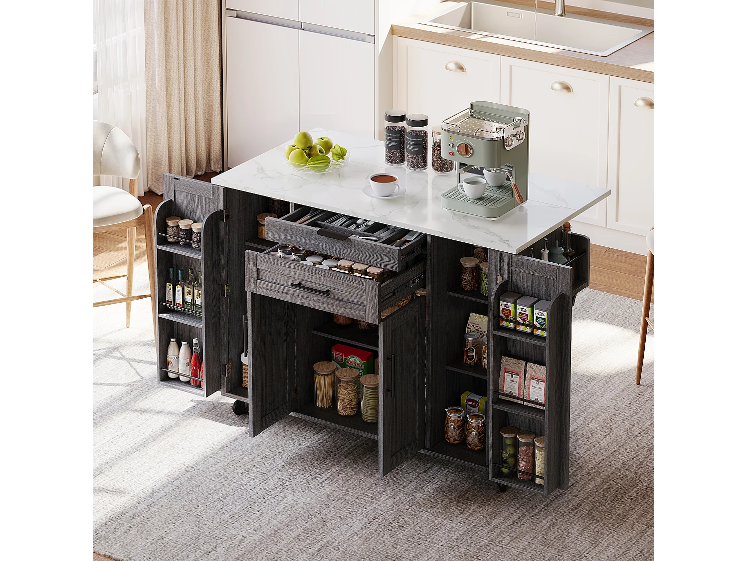Mobile kitchen island - extendable top - with spice rack and towel rail - with 2 drawers and 4 doors - MDF - Grey