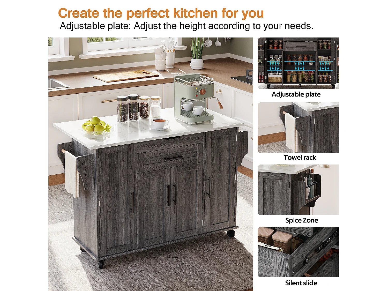 Mobile kitchen island - extendable top - with spice rack and towel rail - with 2 drawers and 4 doors - MDF - Grey