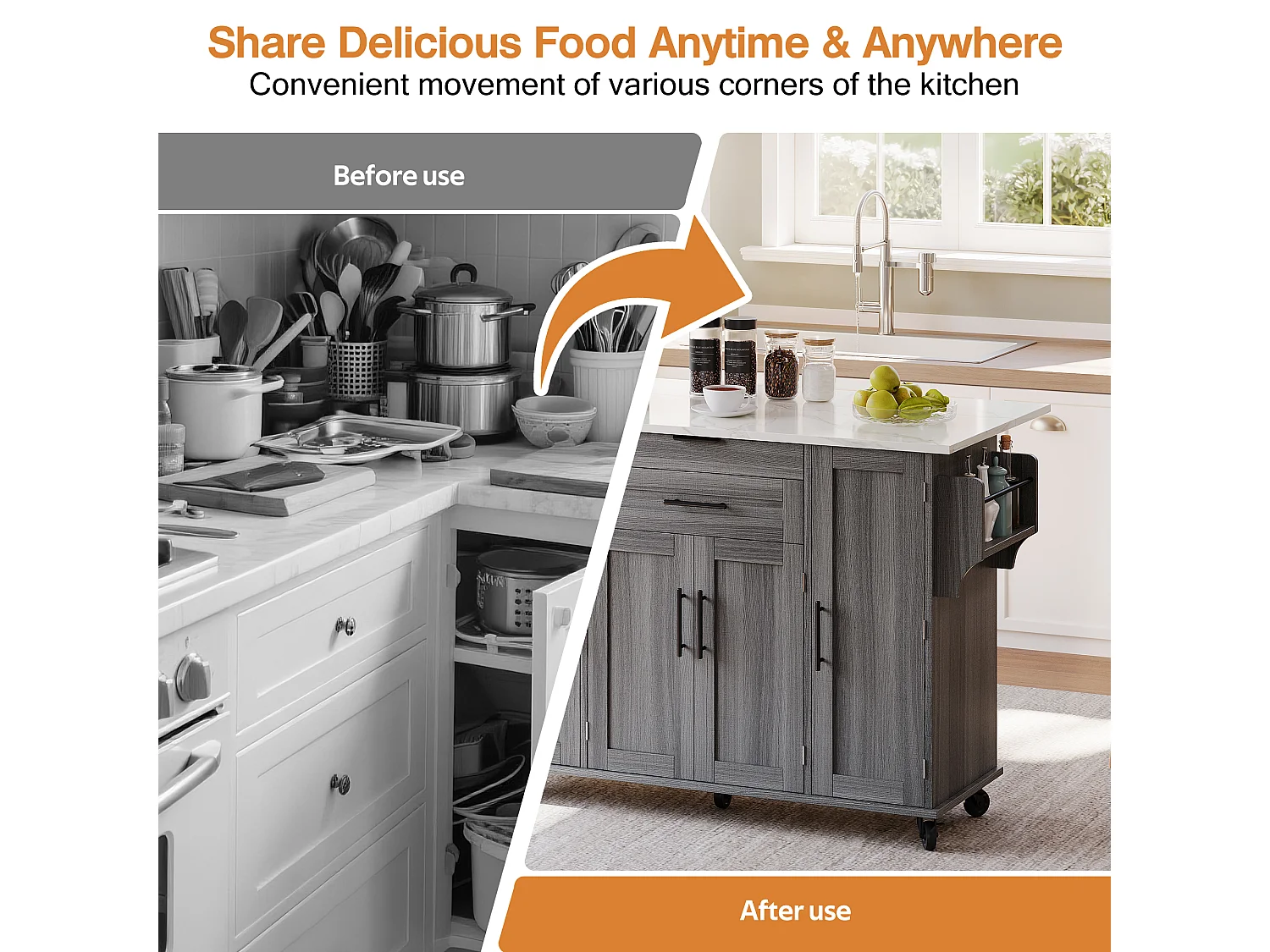 Mobile kitchen island - extendable top - with spice rack and towel rail - with 2 drawers and 4 doors - MDF - Grey