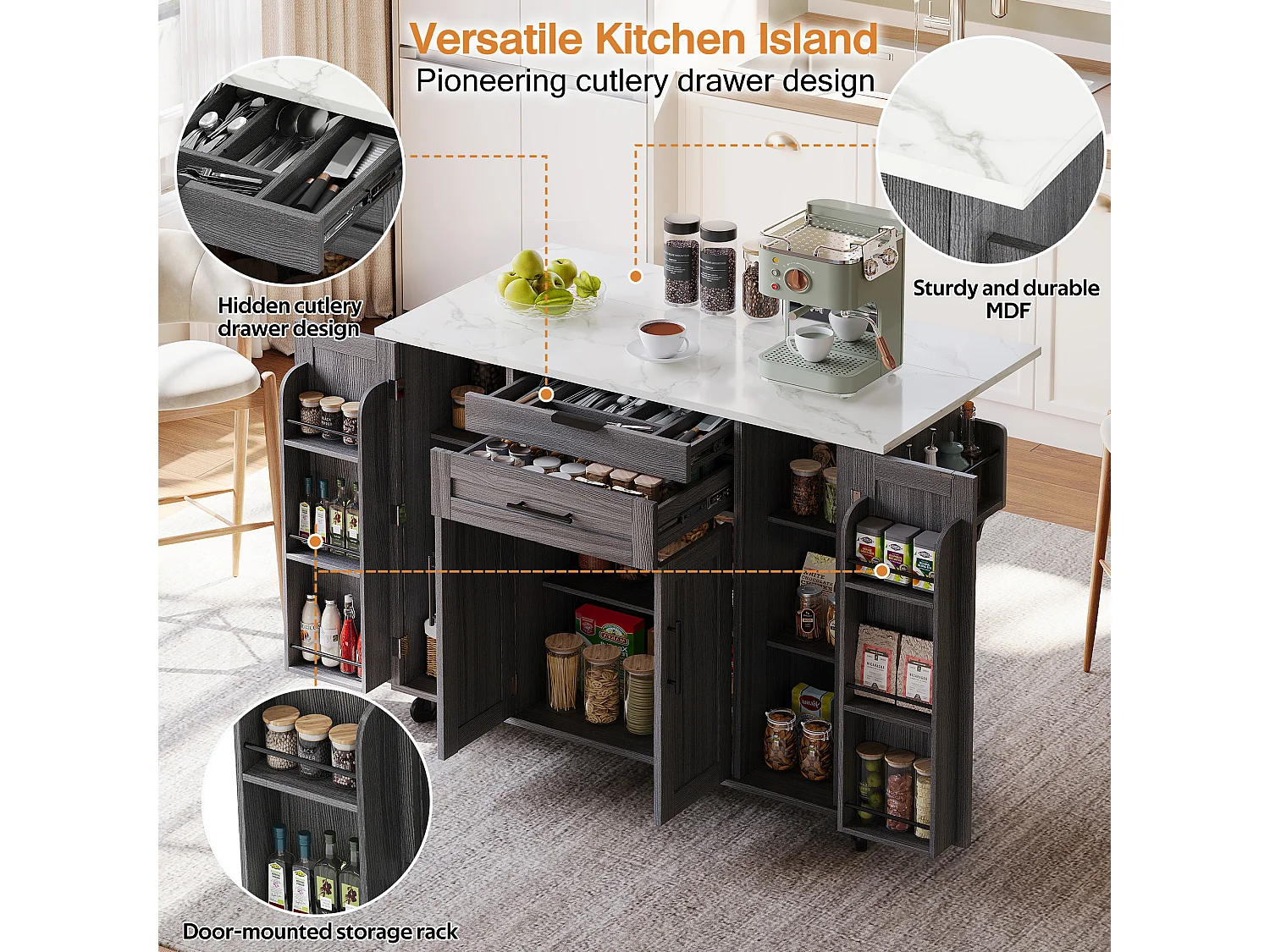 Mobile kitchen island - extendable top - with spice rack and towel rail - with 2 drawers and 4 doors - MDF - Grey