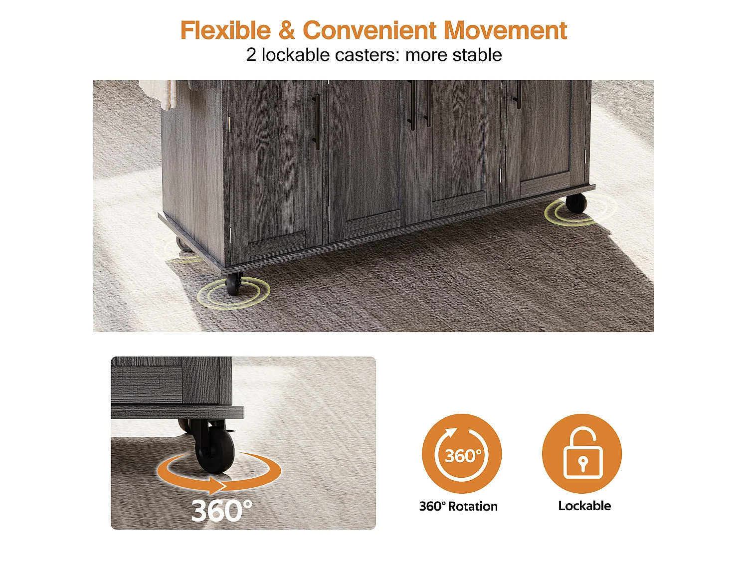 Mobile kitchen island - extendable top - with spice rack and towel rail - with 2 drawers and 4 doors - MDF - Grey