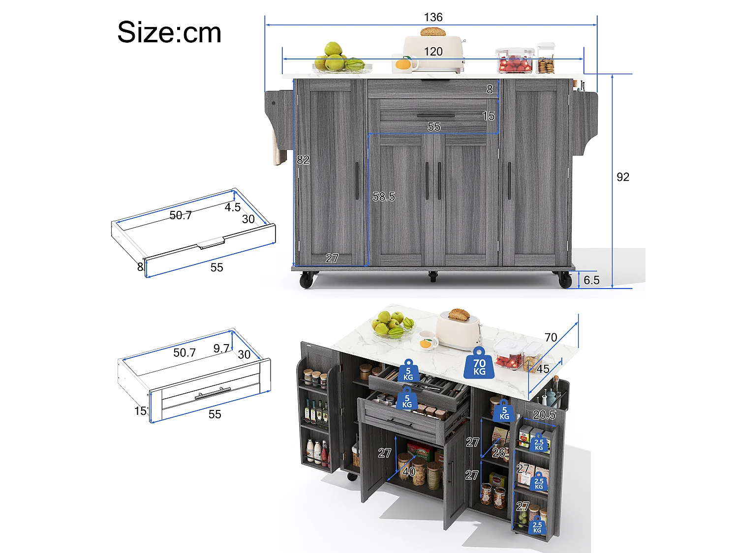 Mobile kitchen island - extendable top - with spice rack and towel rail - with 2 drawers and 4 doors - MDF - Grey