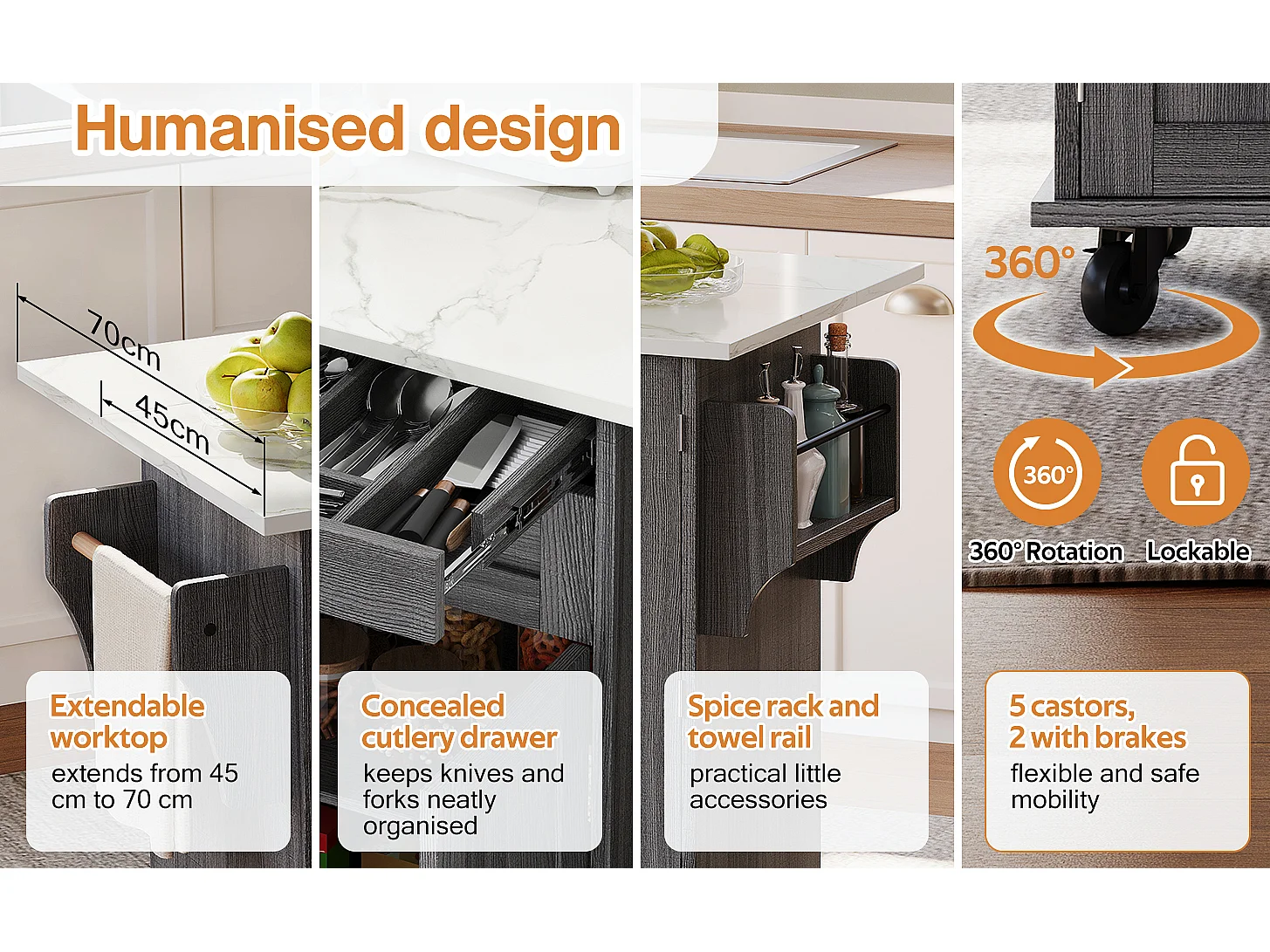 Mobile kitchen island - extendable top - with spice rack and towel rail - with 2 drawers and 4 doors - MDF - Grey
