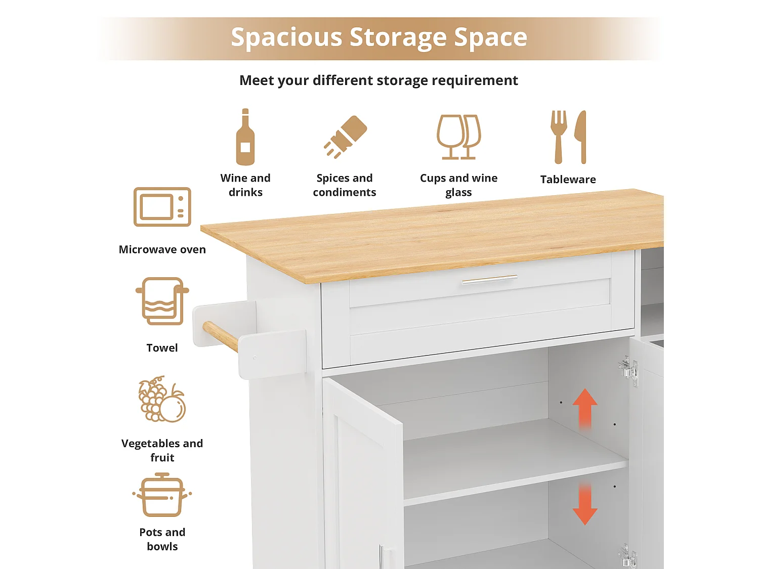 Kitchen island with folding countertop and multiple storage options - White