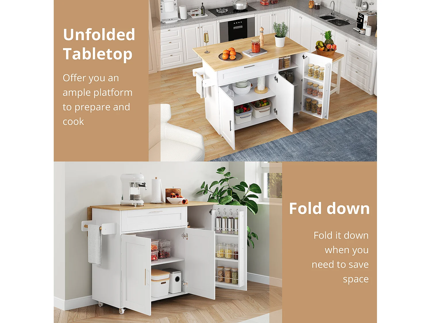 Kitchen island with folding countertop and multiple storage options - White