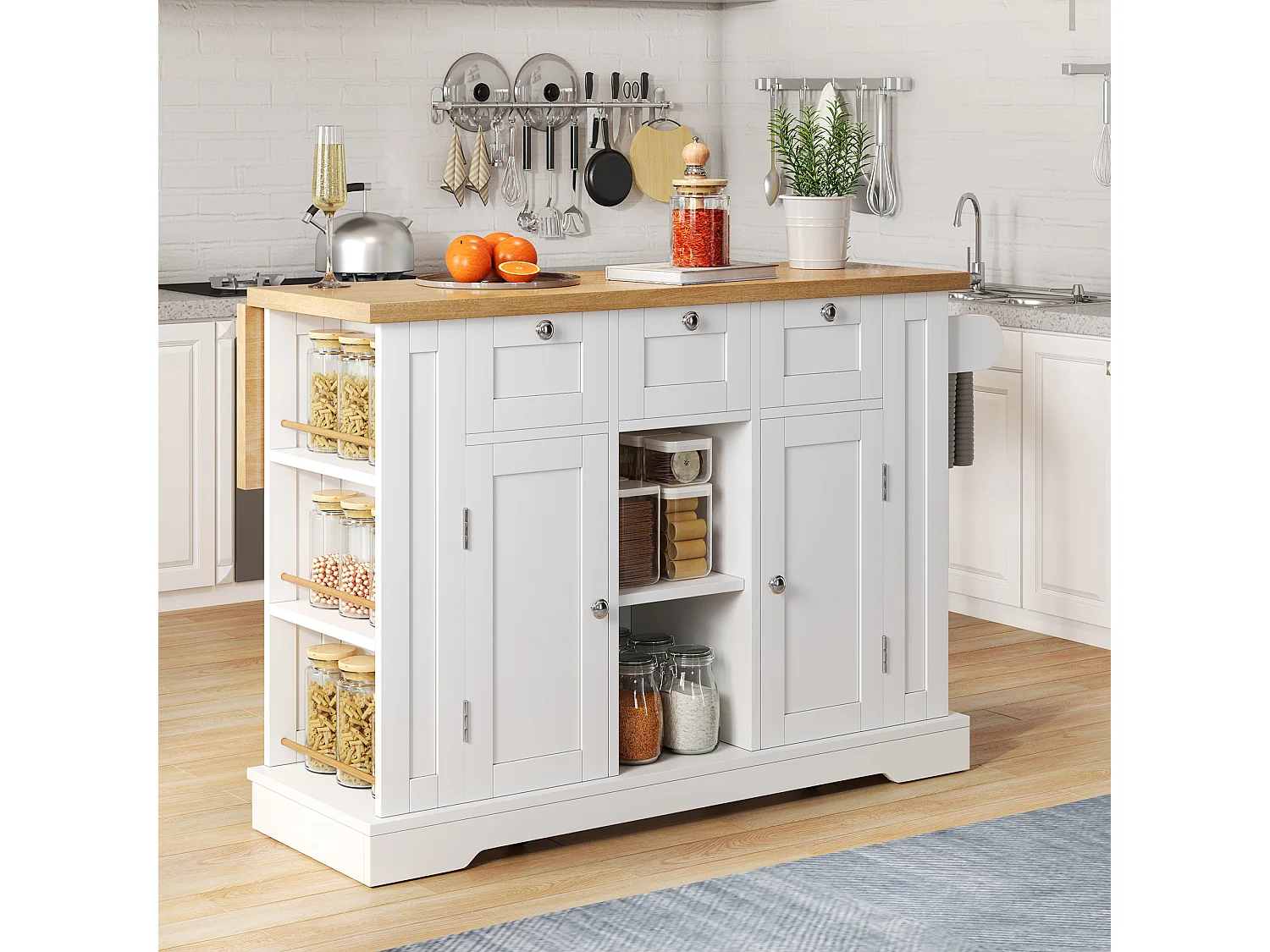 Mobile kitchen island - with USB port - extendable top - 3 drawers and 2 doors - with towel rail - MDF - White